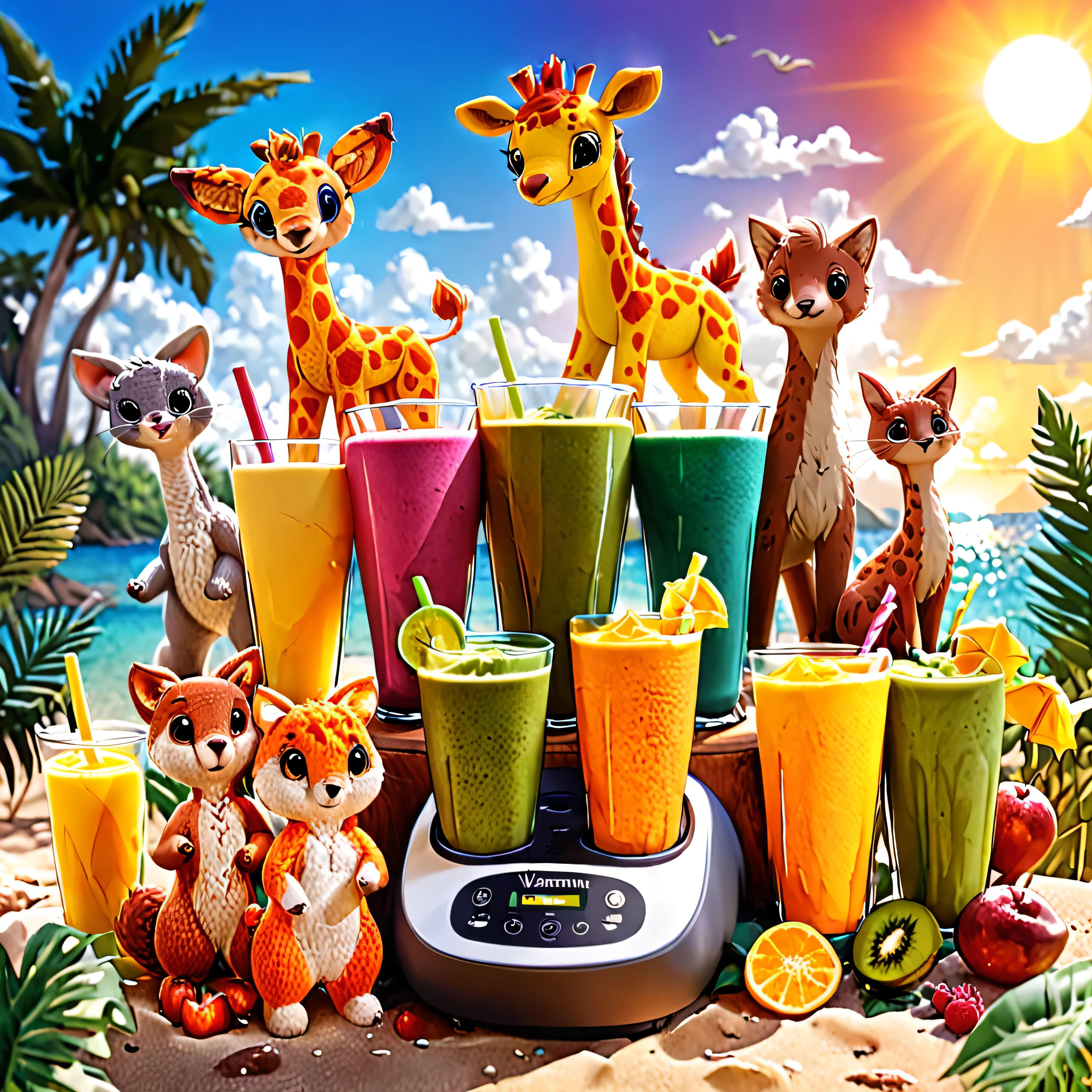 "A vibrant beach bar scene with a Vitamix blender prominently featured at the center. The Vitamix is visibly blending and bursting out colorful smoothies that arc like a rainbow into cups held by adorable mini characters: a small giraffe, a squirrel, a cat, a baby dinosaur, a baby dragon, a Bigfoot, and an elephant. Each character is smiling brightly as they receive their smoothie, making the Vitamix a central and eye-catching part of this joyful, sun-soaked atmosphere.""Please include the Vitamix logo on the product."