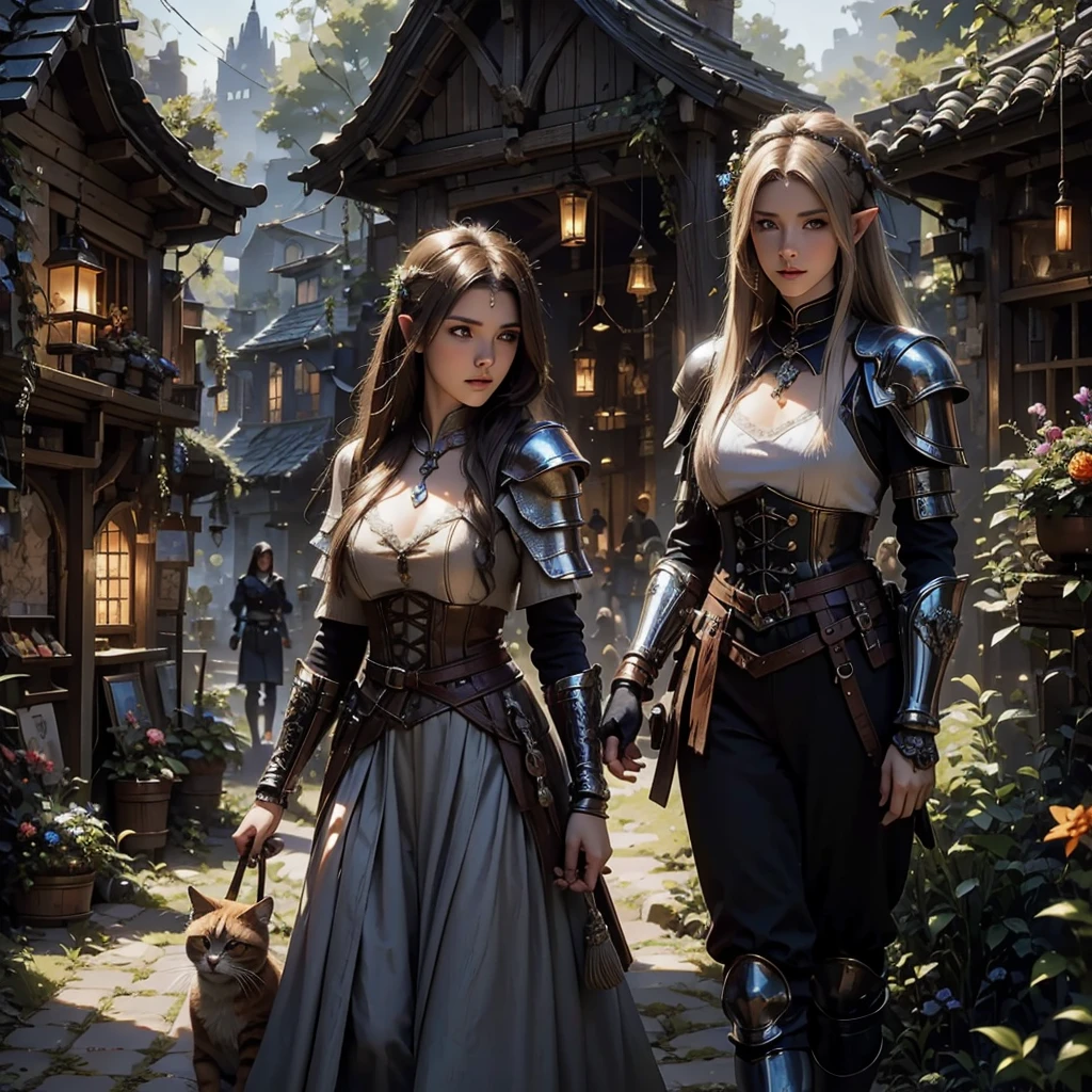 (best quality) (wonderful masterpiece) (ultra high quality) (beautiful face) (award winning photography) (hyperrealistic) (ultra detailed) a adult female elf with dark ash blonde hair wearing medieval clothes a mix out of armor fabric and leather, sword, with her orange cat, dynamic poses, realistic szene, in character posing, daily medieval life, medieval world, medieval village, medieval market, medieval fantasy, fantasy world, village with trees and cobblestone, elf with her cat, glooming fantasy world, dynamic fantasy world, medieval people around, colorful fantasy world, cat wearing armor