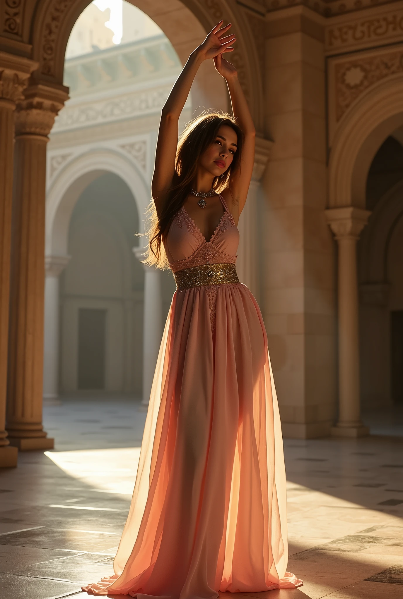((both hands up dancing , acrobatic pose)), , looking at viewer, She dances a seductive dance before the royal family, in palace, acrobat dancing pose, Arab Girl, Her name is Salome, 18-year-old, (Light brown hair, Her bangs are cut straight across, Her long hair is trailing, Black eyeshadow around her eyes-, Brown eyes, Beautiful red lips, A light smile), (Gold crescent earrings, lapis lazuli of Tiara , lapis lazuli of Necklace, Gold bracelet), (Big Breasts, Slender Hoist, Wide Hips) ,((Black Lace Micro Bra, Black lace T-back high-leg panty, The outfit from her neck to her navel is pink dress ,A robe of silk White, Her attire is white and sheer from the waist down of Wide trousers, Beautiful jeweled sandals)), In the royal court of Jerusalem, night, Textured skin , HI Detail Skin, (Shorthand, Canon, Ultra-high resolution, Anatomically correct, Super Detail, Attention to detail, Your Highness,