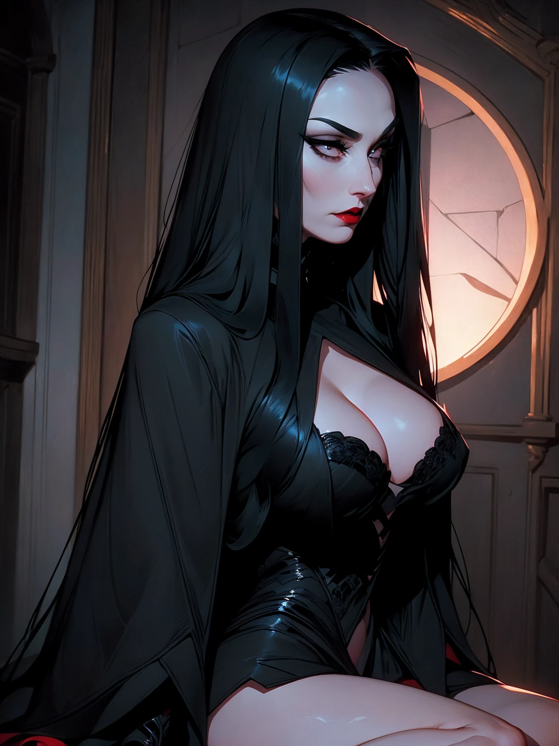 solo, (sophisticated dress:1.0), black dress ((masterpiece)),((high resolution)), ((best quality)), extremely fine and beautiful, super fine illustration, (realistic skin), (insanely detailed anime eyes), detailed face, vivid and beautiful, shocking sensation, incredibly detailed, beautiful detailed woman, supple breasts, front view, facing at viewer, black hair, (morticia addams), black eyes, (see-through:0.5), covered, ((black hair)), (very long hair), profile, sitting, plump breasts, plump thighs, wide hips, movie lighting, perfect shadow, realistic lighting shaded, red lips, (upper body), (big hips), backwards, looking back