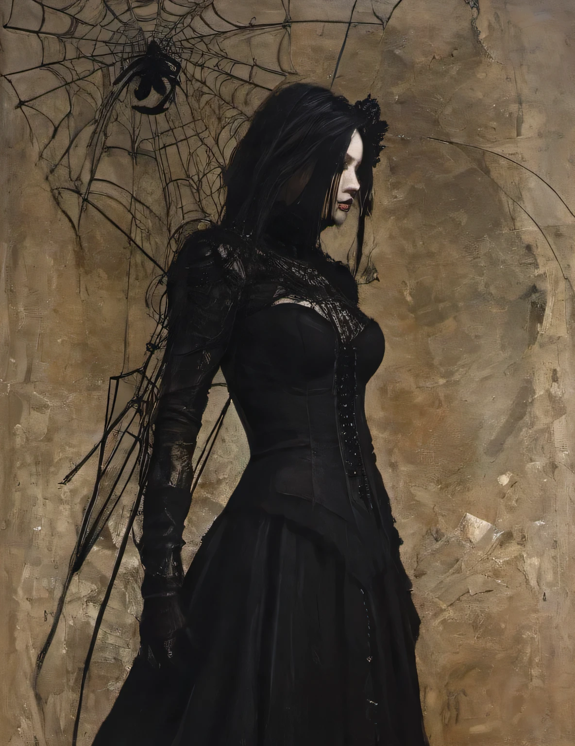 James Gurney, surrealism art , dream like, uncanny, provocative, Symbolic, Complex, detailded,, (Gothic but very beautiful:1.4), (work of art, highest quallity:1.4) , Style Nicola Samori, Spiderwomam
