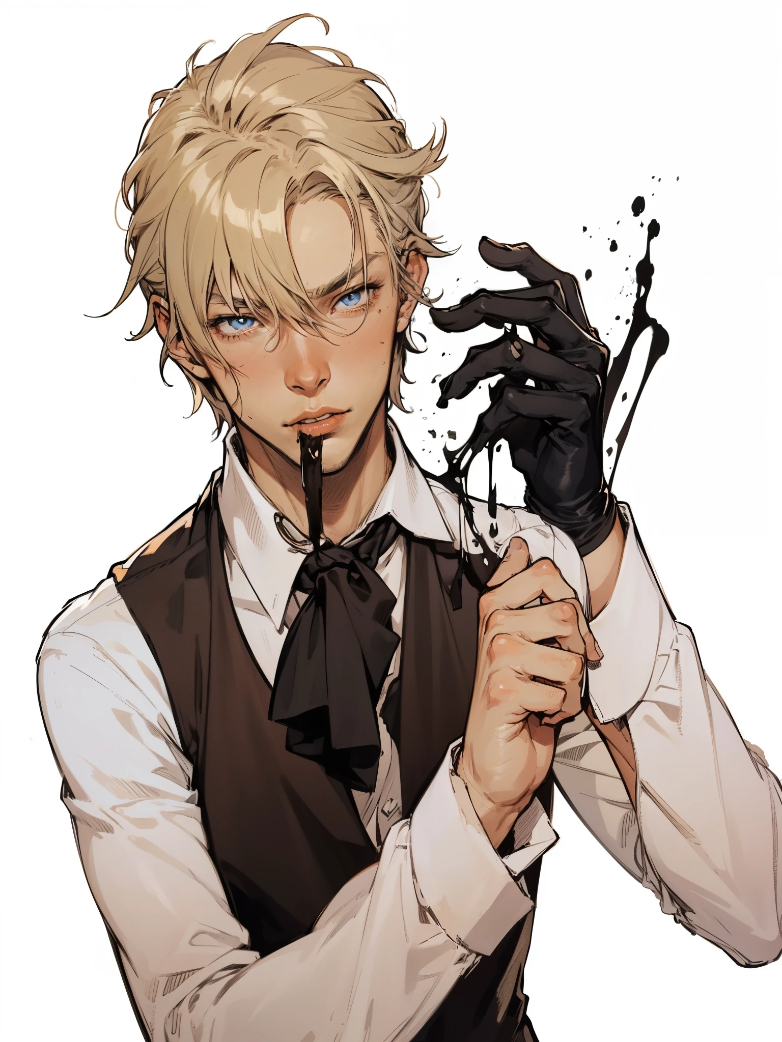 (absurdities, High Resolutions, ultra detailed, HdR), masterpiece, NSFW, The best quality, a hot man, sexy man, 1man only, handsome, taking off a glove by biting it, short hair, black hair, vibrant blue eyes, fine eyes and detailed face). Final Fantasy, abs, badass pose, Anime boy taking off his shirt with his hands on his head, Beautiful anime pose, Anime hombre handsome, anime male character, Badass Anime 8K, Detailed anime character art, WLOP, Kazuya Takahashi, Tetsuya Nomura, takeshi obata