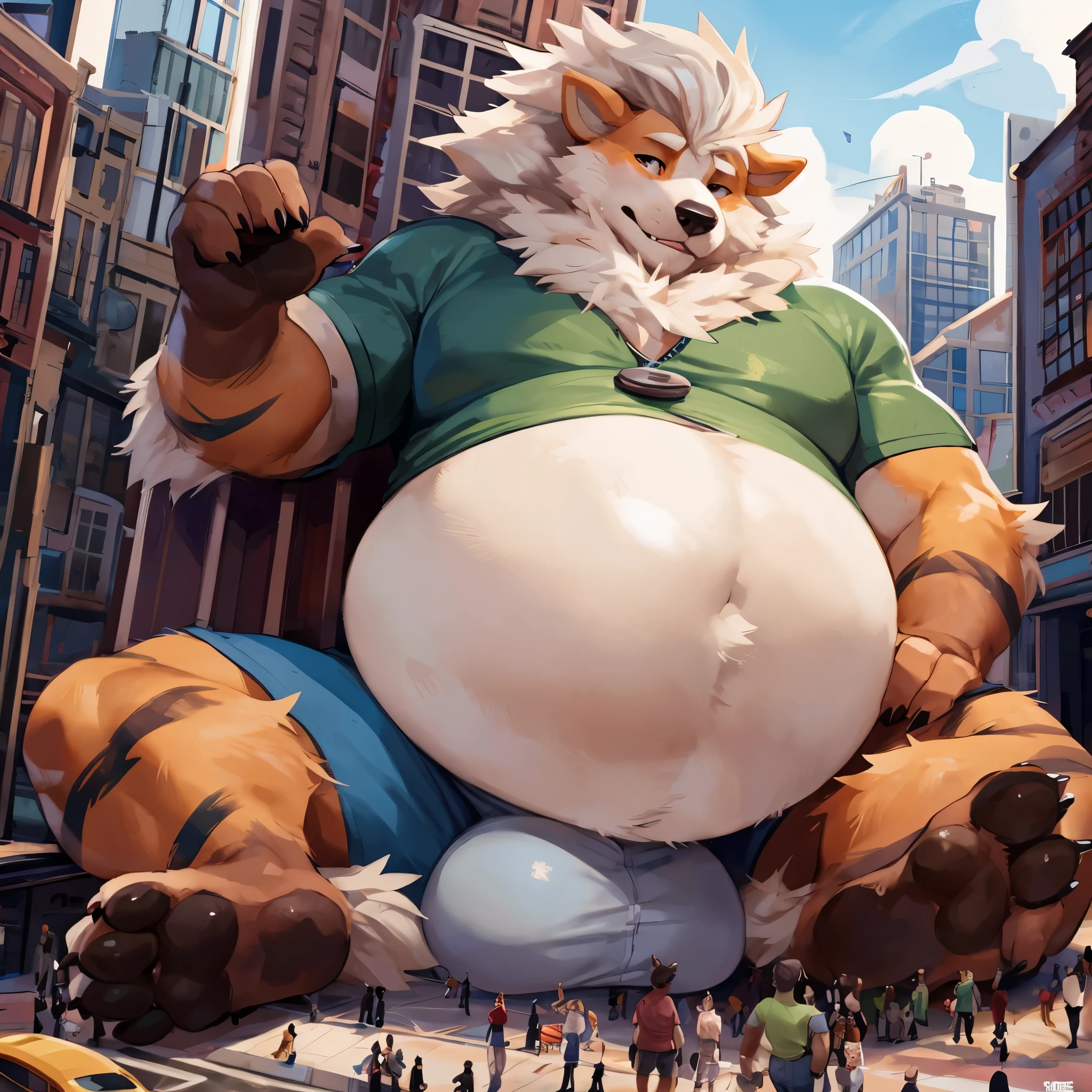 4k ultra quality, 4k half body view,ultra high detailed body,feral arcanine,grey fur,white hair, big belly, (round belly), hyper belly, enormous belly, enormous body,by mystikfox61, by glitter trap boy, by bebebebebe,by morethreedee, by seibear,(thick thigh),(chubby thigh),thicc thigh,thick legs,chubby legs,thicc legs,enomorous thigh,massive thigh,massive legs,(detailed thigh),(wide thigh),thick butt,sharp nails,(detailed face),bloated belly,enomorous thigh,detailed paws,thick paws,chubby paws,shirt with buttons,feral legs,tight shorts
,in a city,(macro),ultra bigger penis,thick penis,long penis,(detailed bulge),sitting on building, among crowd,((hyper penis, hyper balls, huge penis, huge balls, huge chode)),(embarrassed face)