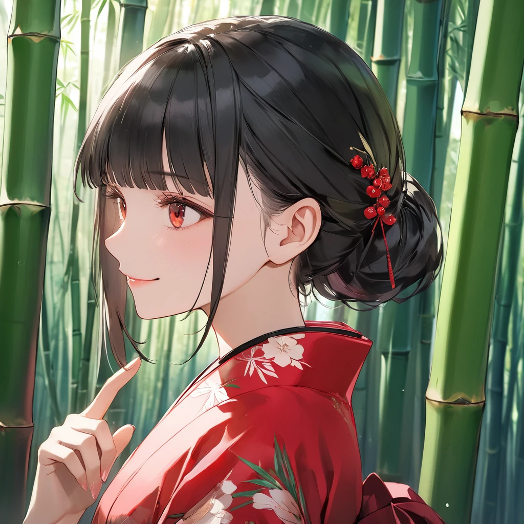 (masterpiece),(highest quality:1.2),((Perfect Anatomy)),(Perfect Fingers:1.3),(1 girl),(small breasts),(beautiful silky black hair:1.2),blunt bangs,(From the side),(glancing sideways),beautiful and detailed red eyes,beautiful detailed red kimono fashion,Disappointed,vivid tones,shy smile,in Bamboo forest,beautiful lighting,dramatic shadows