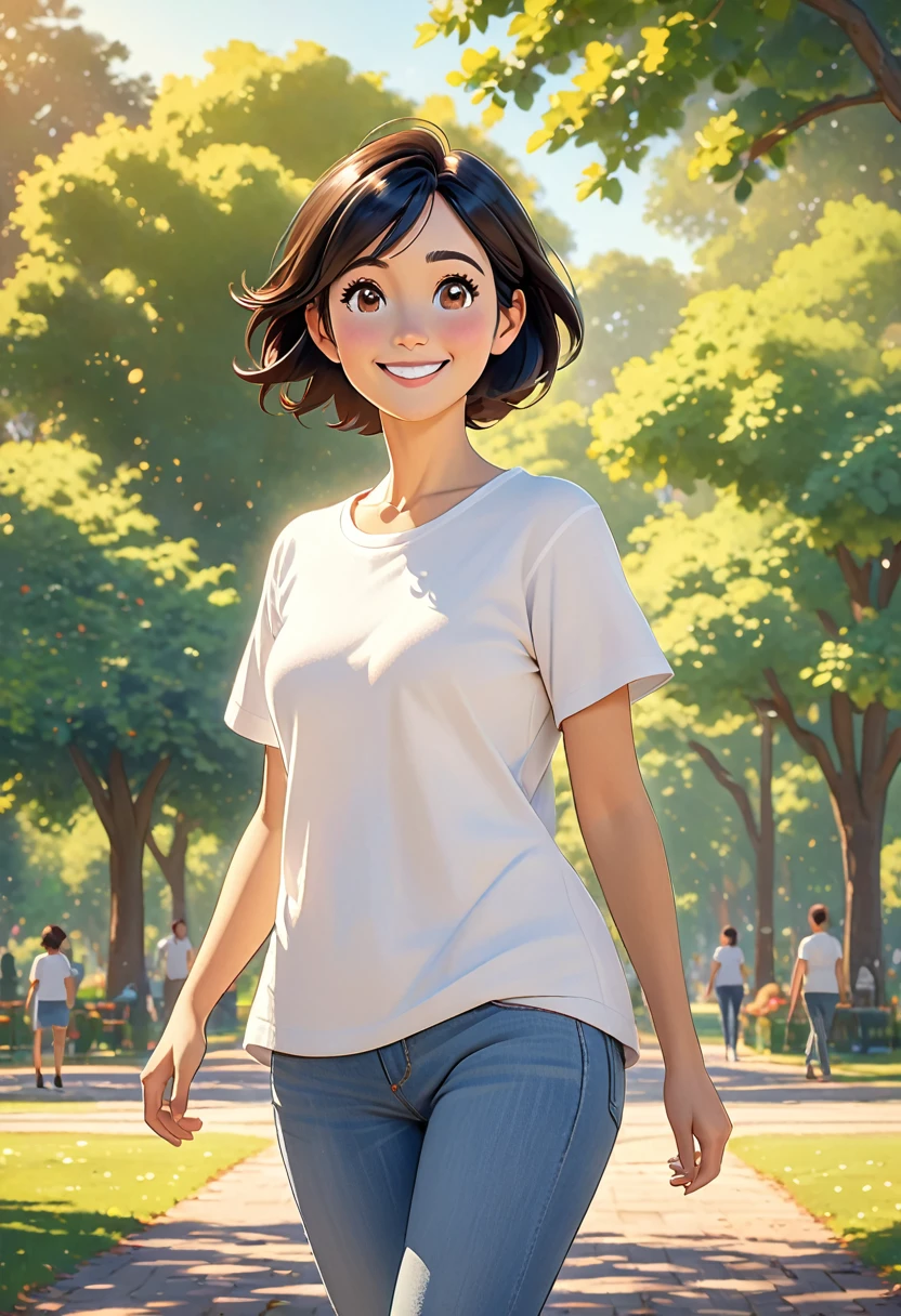 A 41 year old woman, with the humanized appearance of a Pixar character. very short black hair, big bright brown eyes, kind smile. height of 1.60m, proportional weight. wearing a white t-shirt and jeans, walking in a park. Warm and inviting expression. natural lighting, Pixar-style, fully body.