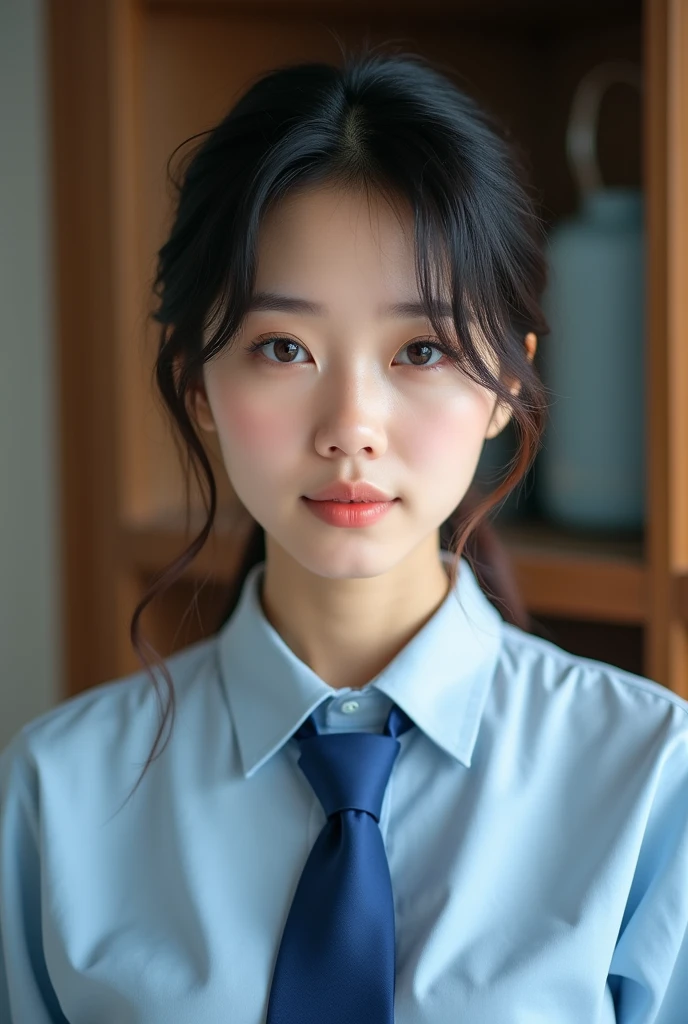 Practical photo,There is a woman wearing a blue tie and a blue shirt., Chiho, Venison flavor, My motto is Tadeyuki, Yoshitomo Nara, Takemura, Oka Yasumoto, Black-haired Takeshi Ikeda, Otegawa Yui, Kakinai Narumi, Portrait of Mayuri Shiina,Detailed face and body, Natural light, high resolution, photoPractical, (best quality,8K,high resolution,masterpiece:1.2),Very detailed,(Practical,photoPractical,photo-Practical:1.37),Practical skin texture,exquisite eyes and lips,Facial details are exquisite,Long eyelashes,Smooth skin