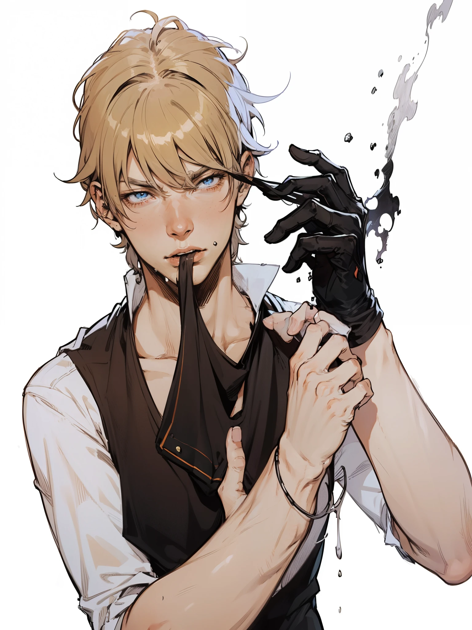(absurdities, High Resolutions, ultra detailed, HdR), masterpiece, NSFW, The best quality, a hot man, sexy man, 1man only, handsome, taking off a glove by biting it, short hair, black hair, vibrant blue eyes, fine eyes and detailed face). Final Fantasy, abs, badass pose, Anime boy taking off his shirt with his hands on his head, Beautiful anime pose, Anime hombre handsome, anime male character, Badass Anime 8K, Detailed anime character art, WLOP, Kazuya Takahashi, Tetsuya Nomura, takeshi obata