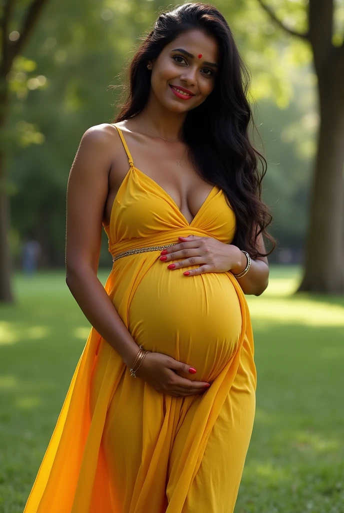 beautiful, pregnant indian woman fiair skin . big lips. wearing a sexy dress. High Heel Sandaletten. in the Park, show whole body, She smiles gently,. curvy, but narrow waist. the dress is tight. long slender fingers, very long red painted nails, a hand on her cheek. beautiful location some tree and buterfly , some light rays, sinny hair