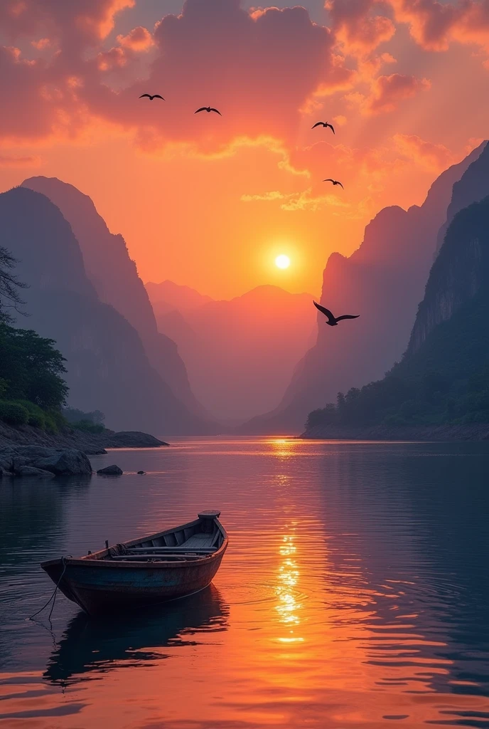 
river, fishing boat, sunset, mountains