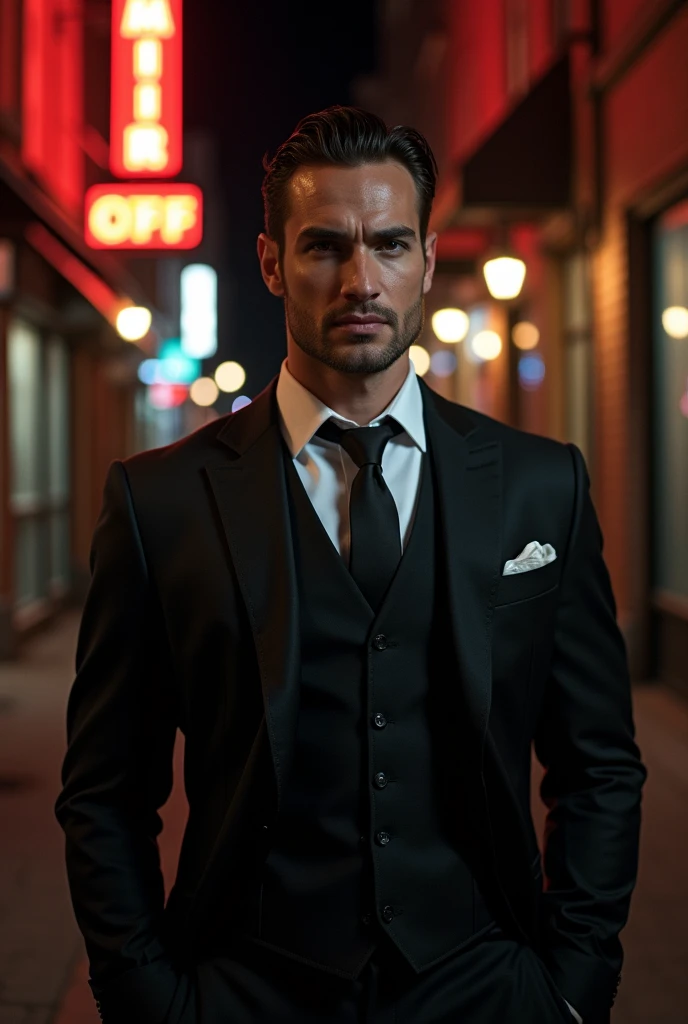 Create a man 1,87 m, bonitas, gostoso, eyes browns, Bblack hair/dark brown, elegant and mafia, Possessive, ciumento, a little toxic sometimes, e etc, and 25 years old.