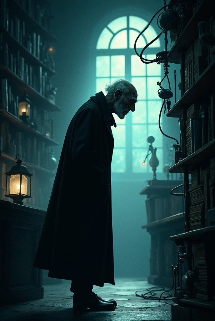 Book cover of Dr. griffin, an old man doctor with a coat, Disney animated style, where only their dark silhouette is seen, only black shadows, de perfil en el laboratorio secreto de libros y maquinas Disney animated style
