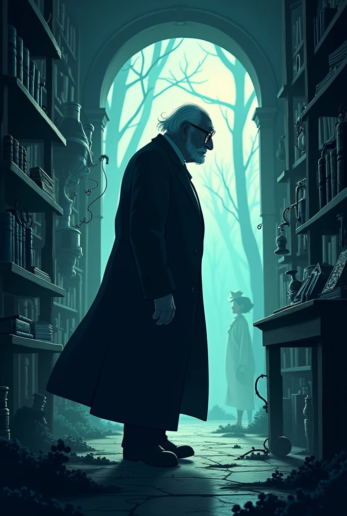 Book cover of Dr. griffin, an old man doctor with a coat, Disney animated style, where only their dark silhouette is seen, only black shadows, de perfil en el laboratorio secreto de libros y maquinas Disney animated style
