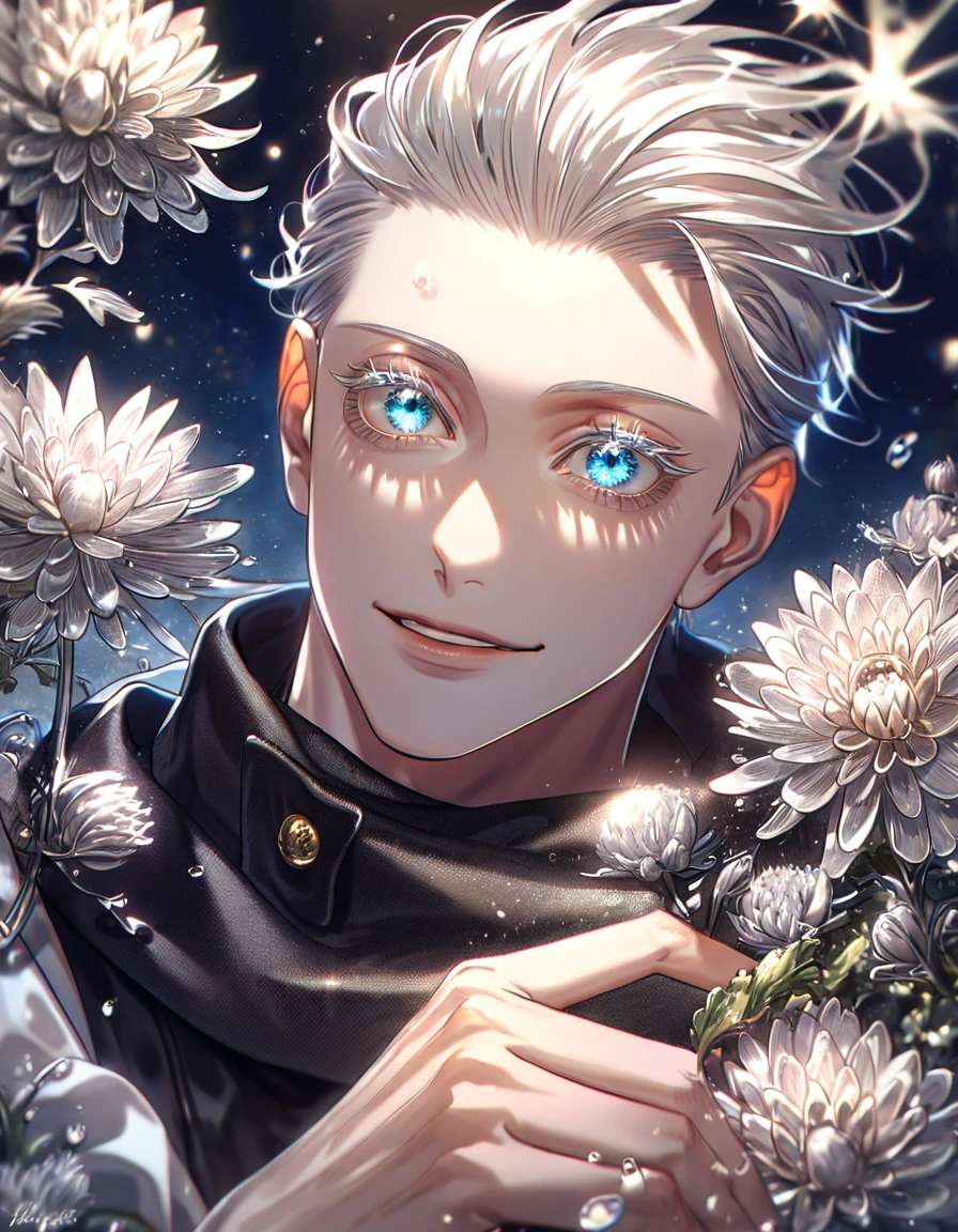 absurdres, highres, ultra detailed, HDR, master piece, best quality, extremely detailed, Gojou Satoru, white hair, hair slicked back, ruffled hair, expressive blue eyes, white eyelashes, Jujutsu Kaisen, solo, sexy man, handsome, smile, white haori, black scarf, black tight T-shirt, fantasy, water, sparkling, silver glittering fireflies, silver moon, silver blossoms, silver chrysanthemums, silver sparkling lights, starry sky, magical