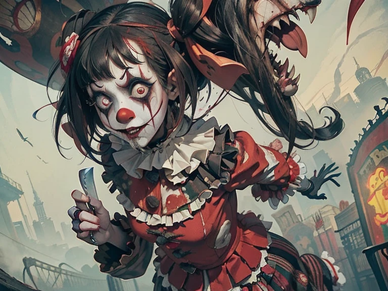 (Midnight Amusement Park),((Horror taste))、A clown looking up at the sky alone.、Sad expression、（（Full body portrait））、He's holding a bloodstained knife.、Anime-style illustrations、Very revealing clothing
