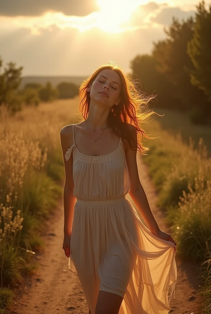Redhead girl, Rustic dress , walking through the Provençal countryside. Look at the sky receiving the strong rain that falls on your face, Illuminated by the rays of the morning sun. retro photography, David Hamilton Style. Analog photography. grainy. nymph