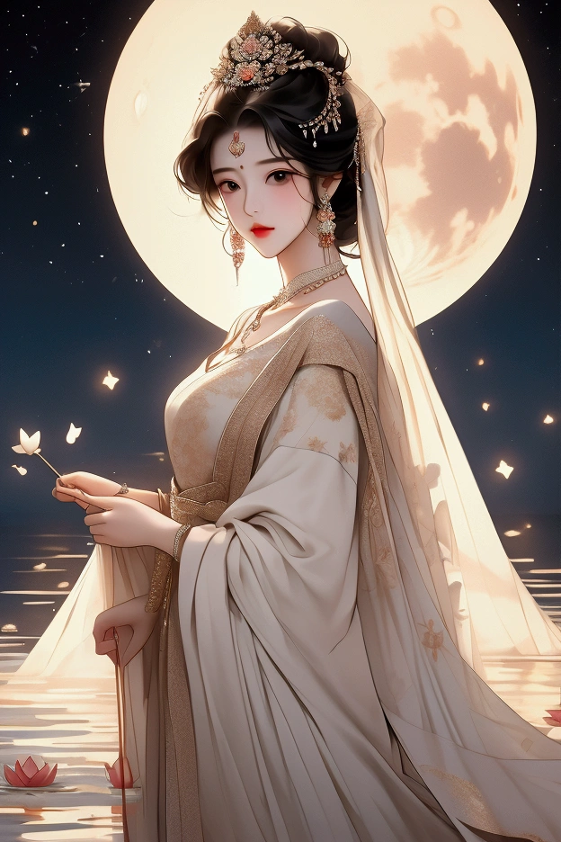 (masterpiece,Highest quality,,8k,High resolution),One female,,Beautiful Face,Beautiful Face,Beautiful eyes,Beautiful lips,Compassionate Mother Kannon,Black Hair,look back,,Wave,,Standing on the surface of the water,,flower,bird,,moon,,A bright night with stars visible,jewelry,Holding,Long sleeve,Veil,necklace,Lotus,Long Hair,dress,(whole body),Highly detailed CG,