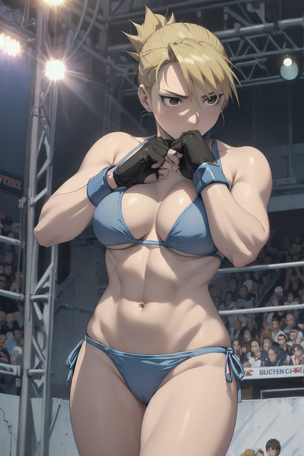 masterpiece, Highest quality, High resolution, One Girl, Hamriz, ponytail, Brown eyes,big , マイクロbikini、Cowboy Shot、Muscular body、blush、Sweat、Composition from the front、anime、(((Light blue bikini、Stand in front、audience、Shaking breasts、 Fully exposed、Look forward)))、((Wrestling Arena)), (Fighting Pose、Boxing gloves、Female wrestler、1 person), (Slender body, 発Sweat, tired), Mature Woman, Mature Woman, (bikini, Very sophisticated wrestling equipment)