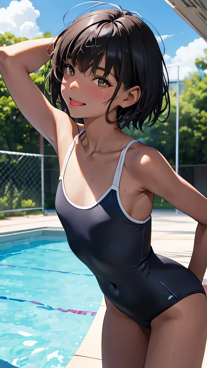 Highest quality、Realistic、、zoom、、Girl、look up、cute、Light grey eyes、Black Hair、Armpit hair、short hair、Tanned brown skin、Dark Skin、School Swimsuit、Navy blue swimsuit、Sweat、Shy laugh、Lengthen the tongue、Flat Chest、Bust Shot、thin、Pool