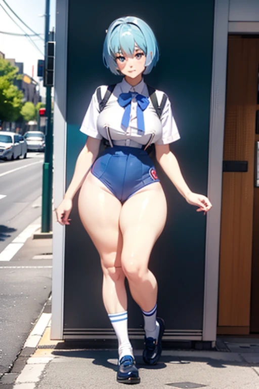 Rei Ayanami leaving school, In her school uniform, with her signature short blue hair, with big breasts, pronounced curves and large buttocks walking down the street happy in the afternoon