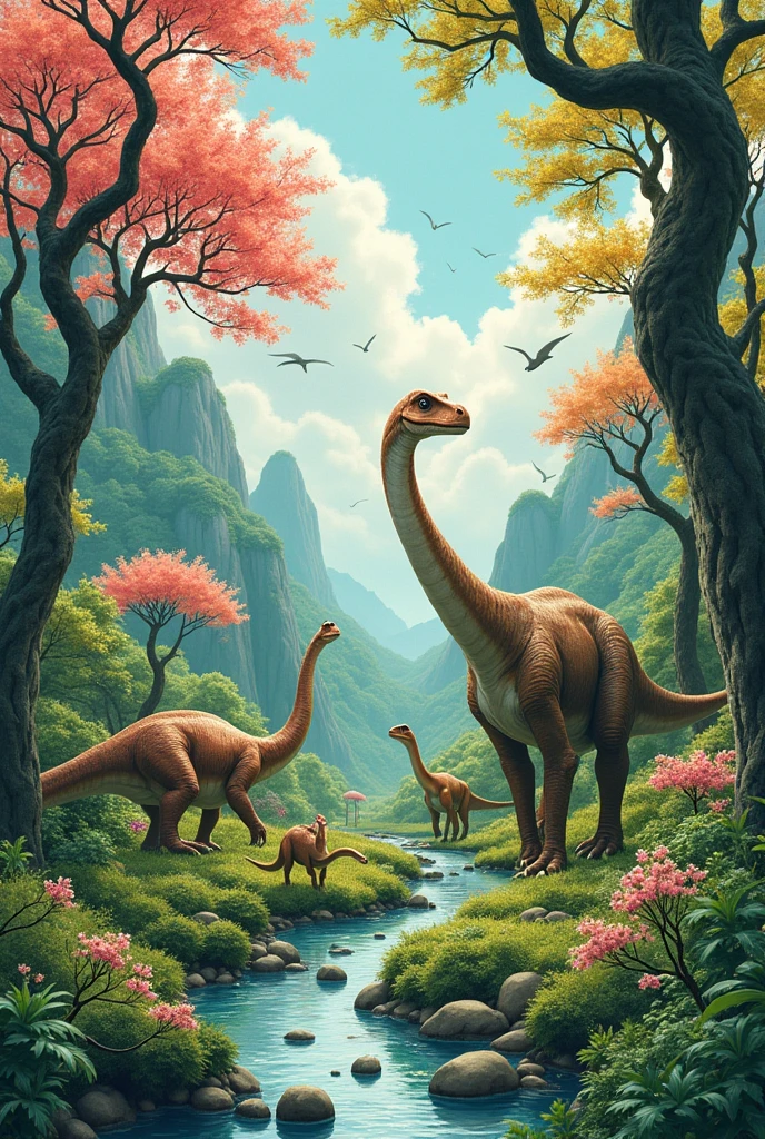 Cover dinosaurs in a forest of all kinds of dinosaurs Japanese style