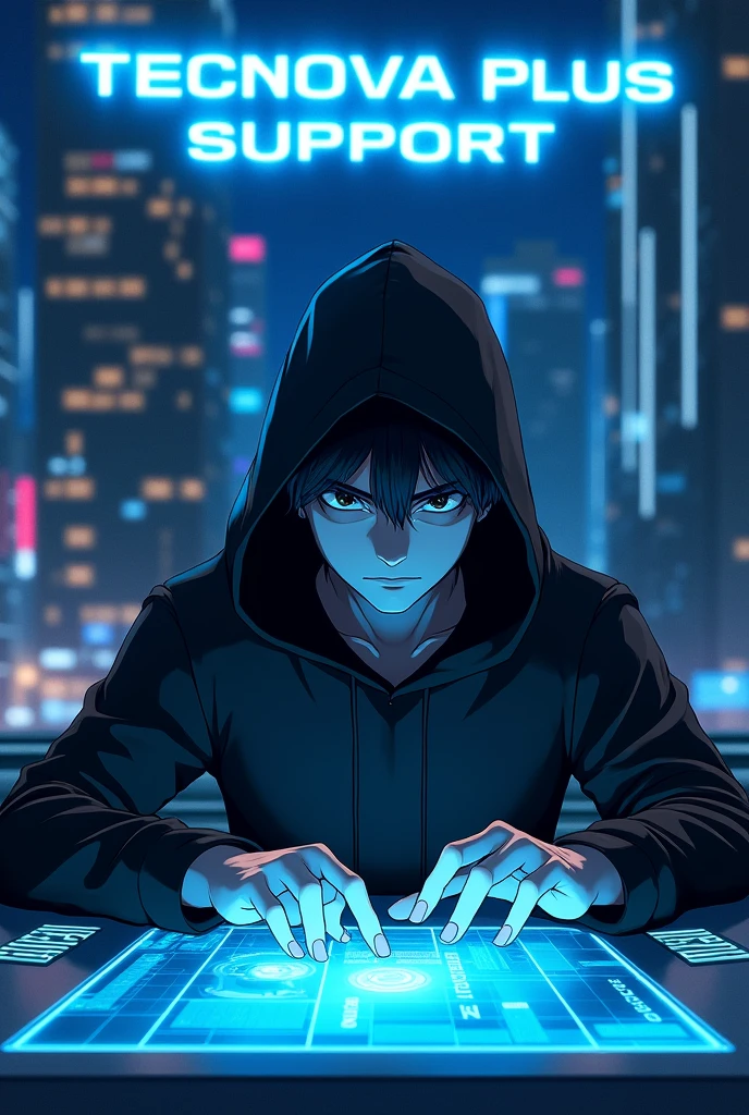 Futuristic hooded anime man at a computer with a sign that says Tecnova Plus Support
