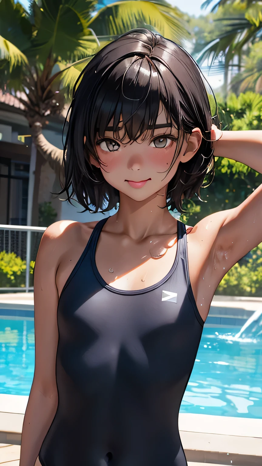 Highest quality、Realistic、、zoom、Primary school students、Girl、look up、cute、Light grey eyes、Black Hair、Armpit hair、short hair、Tanned brown skin、Dark Skin、School Swimsuit、Navy blue swimsuit、Sweat、Shy laugh、Lengthen the tongue、Flat Chest、Bust Shot、thin、Pool