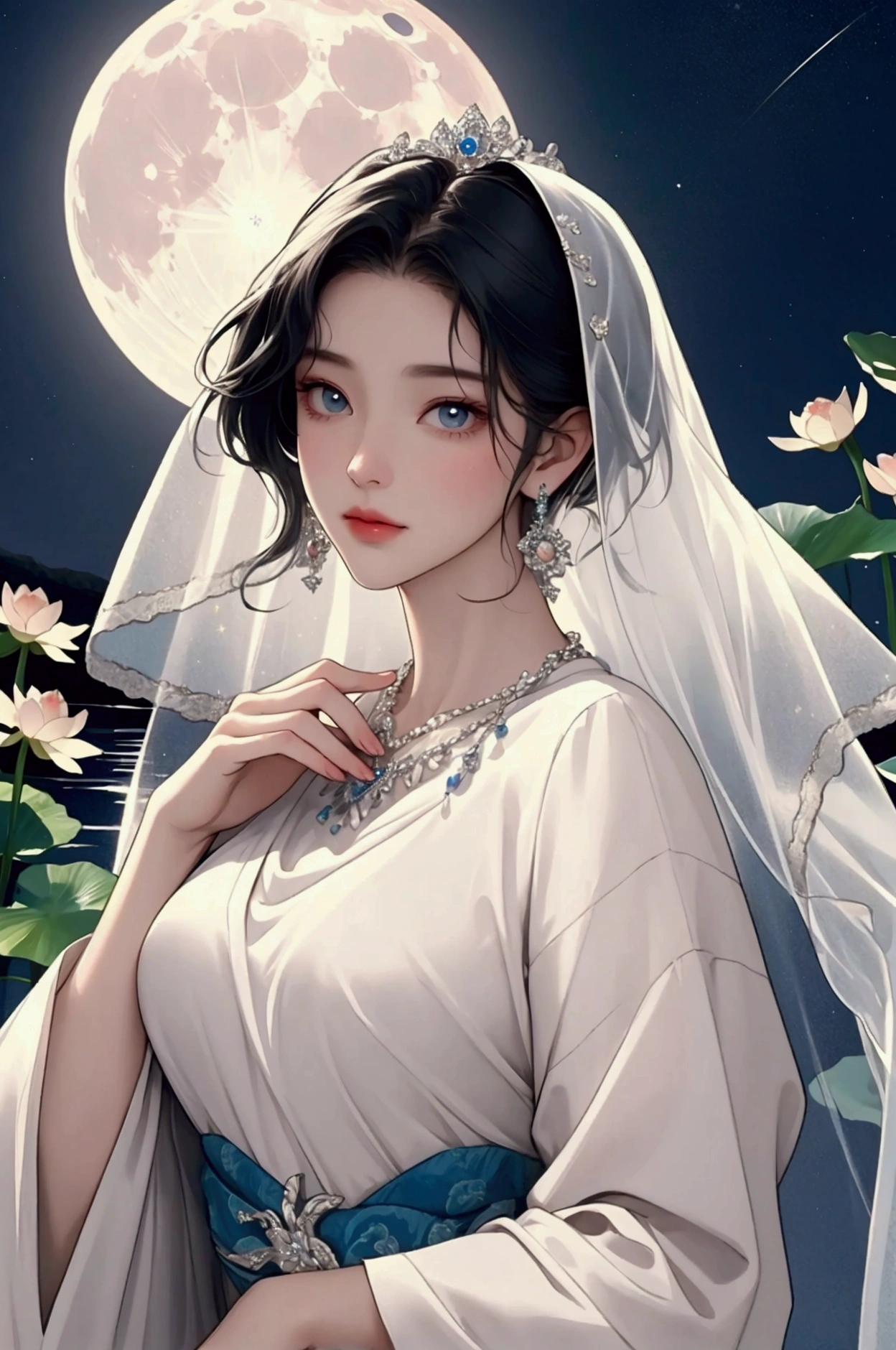 (masterpiece,Highest quality,,8k,High resolution),One female,,Beautiful Face,Beautiful Face,Beautiful eyes,Beautiful lips,Compassionate Mother Kannon,Black Hair,look back,,Wave,,Standing on the surface of the water,,flower,bird,,moon,,A bright night with stars visible,jewelry,Holding,Long sleeve,Veil,necklace,Lotus,Long Hair,dress,(whole body),Highly detailed CG,