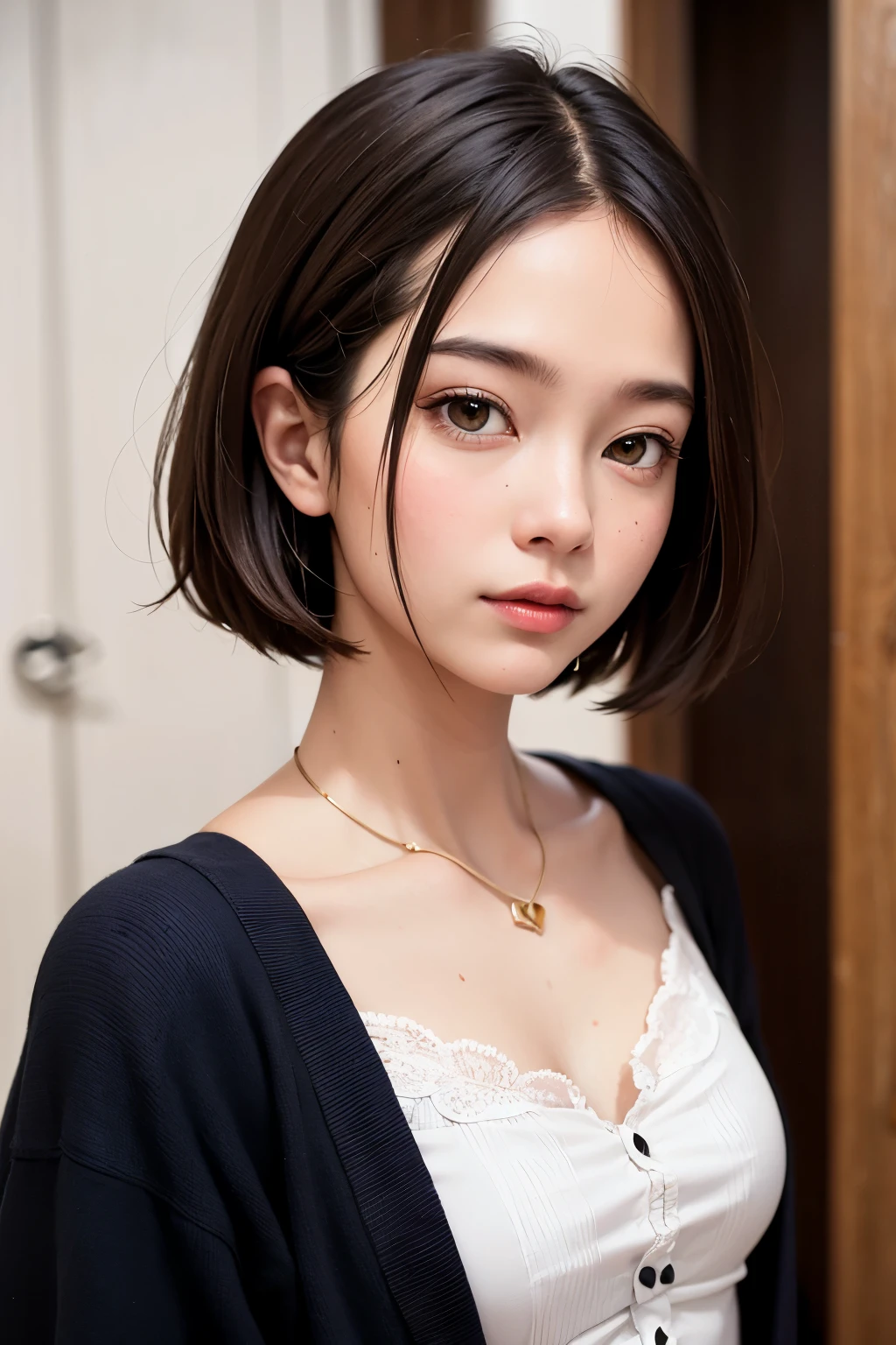 (masterpiece, Highest quality),one person&#39;s, alone, hyper Realistic, Realistic,Realistic, Looking at the audience, Light brown eyes:1.4,bangs、bangsのある、Brunette Short Bob Hair with highly detailed shiny hair, Brightly colored winter clothes, Lepangas:1.4), Plein Air, Mouth closed, Upper Body、big chest eye、eyelash、{Hugeな|big chest|Hugeなな|Mega} chest:2, chestの谷間:2、{Huge|big|Hugeな|Mega} chest, chestの谷間、(((big chest eye、Short Bob Hair、Student Highlights、Gazing at the audience、She is very beautiful and cute、Listen carefully、Long neck、smile、Close your mouth and smile、bangsと美しい歯、bangs、Perfect Anatomy)))、Ideal body type、（Snowy tree-lined road in winter in Norway, Out of focus background）、美しいLong neck:1.4、