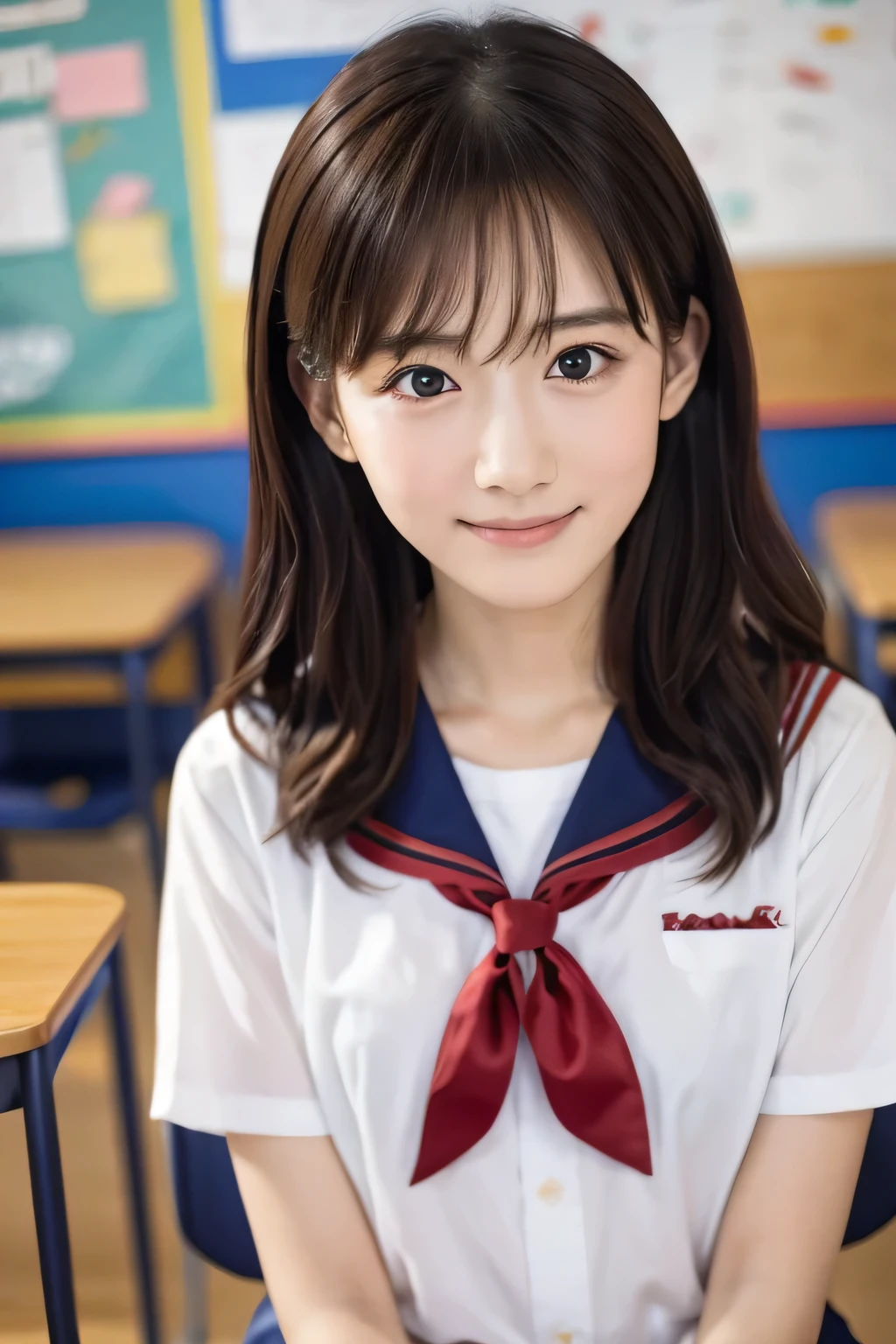 (A beautiful girl talking to her friends:1.3), (Highest quality:1.4), (Very detailed), (Very detailed美しい顔), Laughing with your mouth open, (Baby Face:1.3), School uniforms, Short-sleeved sailor uniform, Please sit down, Great face and eyes, iris, Medium Hair, The Beauty of Japan, (Skinny body type:1.3), (Flat Chest:1.3), (Face close-up:1.2), classroom, Classmates in the back, Smooth, Very detailed CG synthesis 8k wallpaper, High-resolution RAW color photos, Professional photography, Light, BackLight, dream-like, impressive, Written boundary depth, School Area, (Photographed sideways from a distance:1.3)