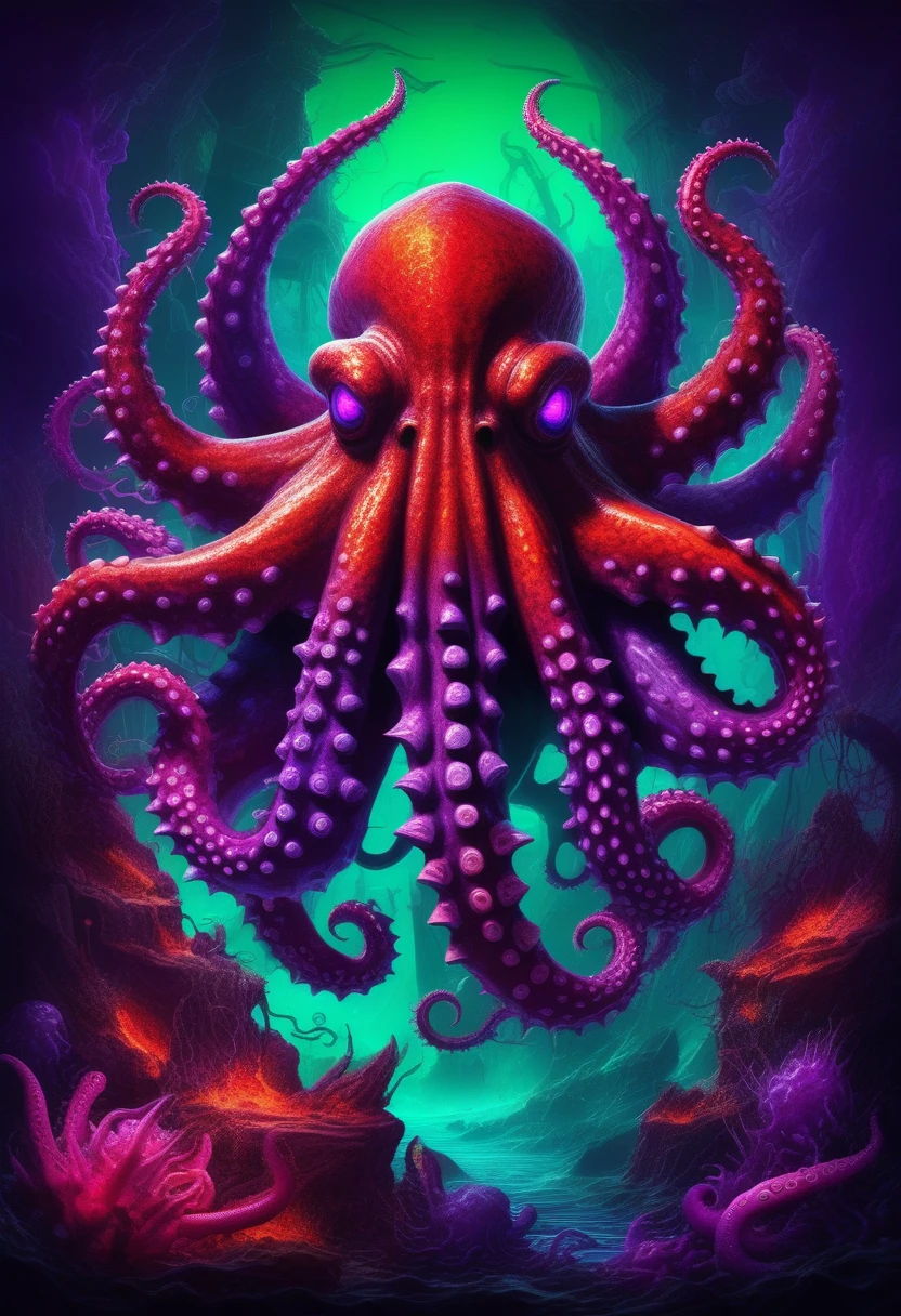 kraken warrior, vivid red and red-orange with dark red speckles, covered in purple spikes and horns, giant spiked purple hammer, green ruins in tentacles, masterpiece, best quality, retro arcade art style, hyper detailed, intricate, octopus, creature, fantasy, cinematic lighting, dramatic, moody, powerful, fierce, intense, epic