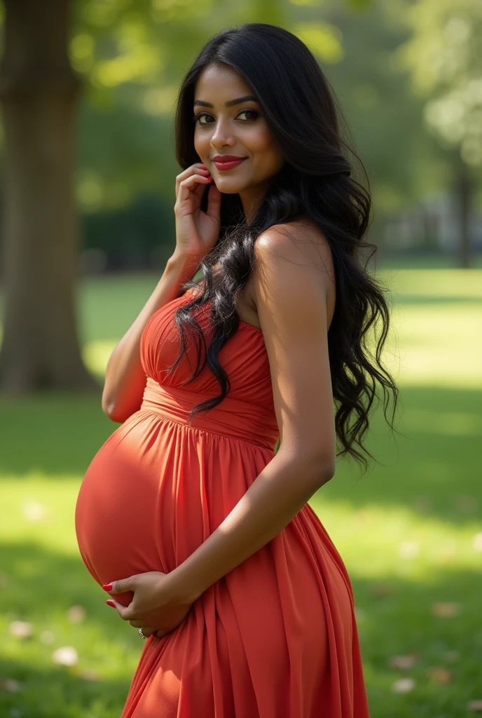 beautiful, pregnant indian woman fiair skin . big lips. wearing a sexy dress. High Heel Sandaletten. in the Park, full body, She smiles gently,. curvy, but narrow waist. the dress is tight. long slender fingers, very long red painted nails, a hand on her cheek. beautiful location some tree and buterfly , some light rays, sinny hair