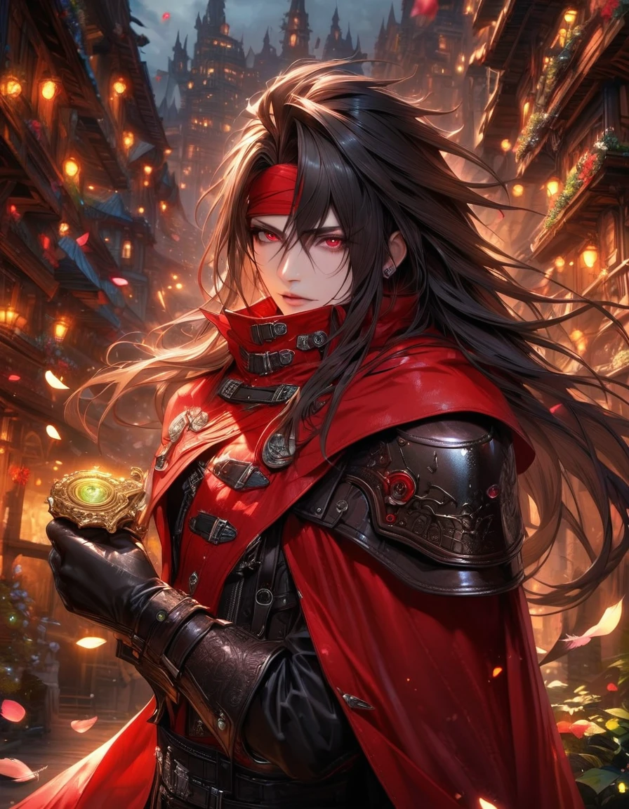 Ultra detailed, highres, absurdres, HDR, master piece, Vincent Valentine, black hair, long hair, red headband, expressive red eyes, black leather clothes, black gloves, red cape, Final Fantasy VII Remake, petals, fireflies, sexy man with a gun in hand, solo, handsome, very detailed face and eyes, best quality, fantasy, magical, realistic face, fantasy city, feathers, sensual,