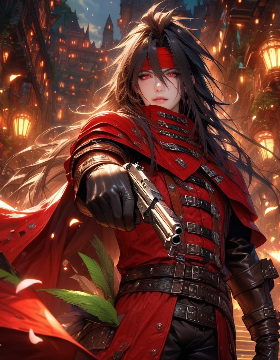 Ultra detailed, highres, absurdres, HDR, master piece, Vincent Valentine, black hair, long hair, red headband, expressive red eyes, black leather clothes, black gloves, red cape, Final Fantasy VII Remake, petals, fireflies, sexy man with a gun in hand, solo, handsome, very detailed face and eyes, best quality, fantasy, magical, realistic face, fantasy city, feathers, sensual,