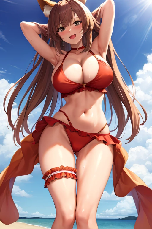 masterpiece, best quality, beautiful art, high resolution, well formed hands, body and fingers, 1 woman, solo, Tamamo No Mae, fox ears and fox tail, 31 years old, grown up, arabian belly dancer, adult, large and round breasted, cleavage, hair ribbon, full body, sexy and skimpy arabian belly dancer outfit, wearing a Mata Hari outfit, mata_hari_cosplay, gorgeous legs and thighs , she is doing exercise at the beach, seductive face, warming up, working out, sexy and captivating training, smiling joyfully and happily , looking at the viewer, cowboy shot on her bouncing breasts and red thong, sweating , bouncing breasts, training montage session, beach environment