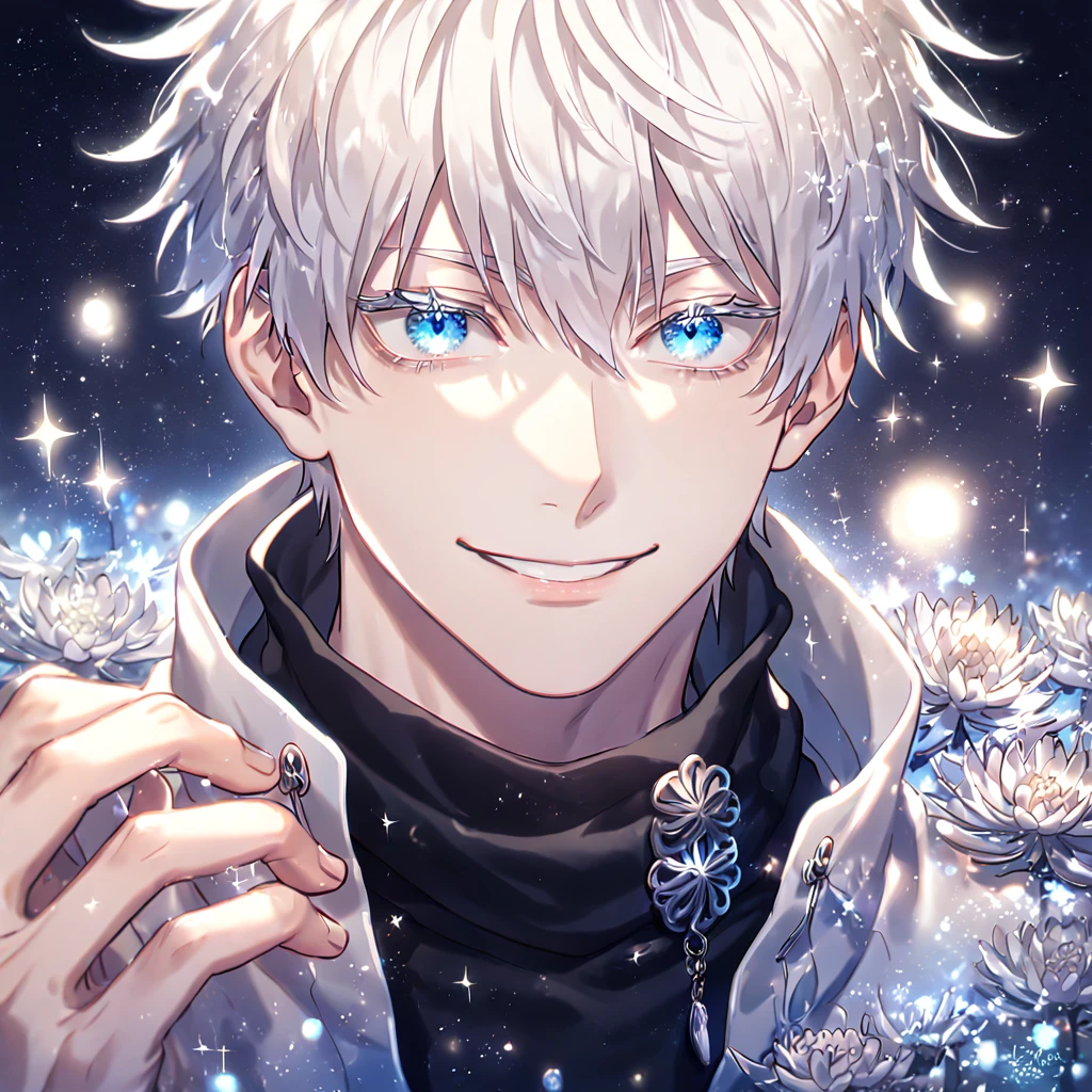 absurdres, highres, ultra detailed, HDR, master piece, best quality, extremely detailed, Gojou Satoru, white hair, expressive blue eyes, white eyelashes, Jujutsu Kaisen, solo, sexy man, handsome, smile, white haori, black scarf, black tight T-shirt, fantasy, water, sparkling, silver glittering fireflies, silver moon, silver blossoms, silver chrysanthemums, silver sparkling lights, starry sky, magical