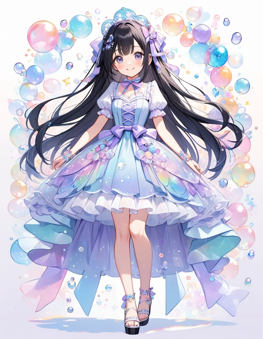 Woman, cute, adorable, full body, smiling, straight hair, long hair, black hair, standing,
(Bubble Dream Idol-inspired costume, featuring motifs of bubbles and ribbons, with a color palette of pastel blue and lavender), (costume includes a fitted top with a sweetheart neckline, adorned with iridescent bubble patterns and delicate ribbon detailing, short puff sleeves, creating a playful and whimsical look), (bubble dot pattern on dress:1.2), (skirt is a knee-length, flared design with layers of organza and tulle, creating a light and airy effect reminiscent of floating bubbles, hemline features lace trim and subtle shimmer), (Accessories include a bubble-themed hairpiece and pastel ribbon anklets, completing the dreamy and enchanting style), platform sandals,