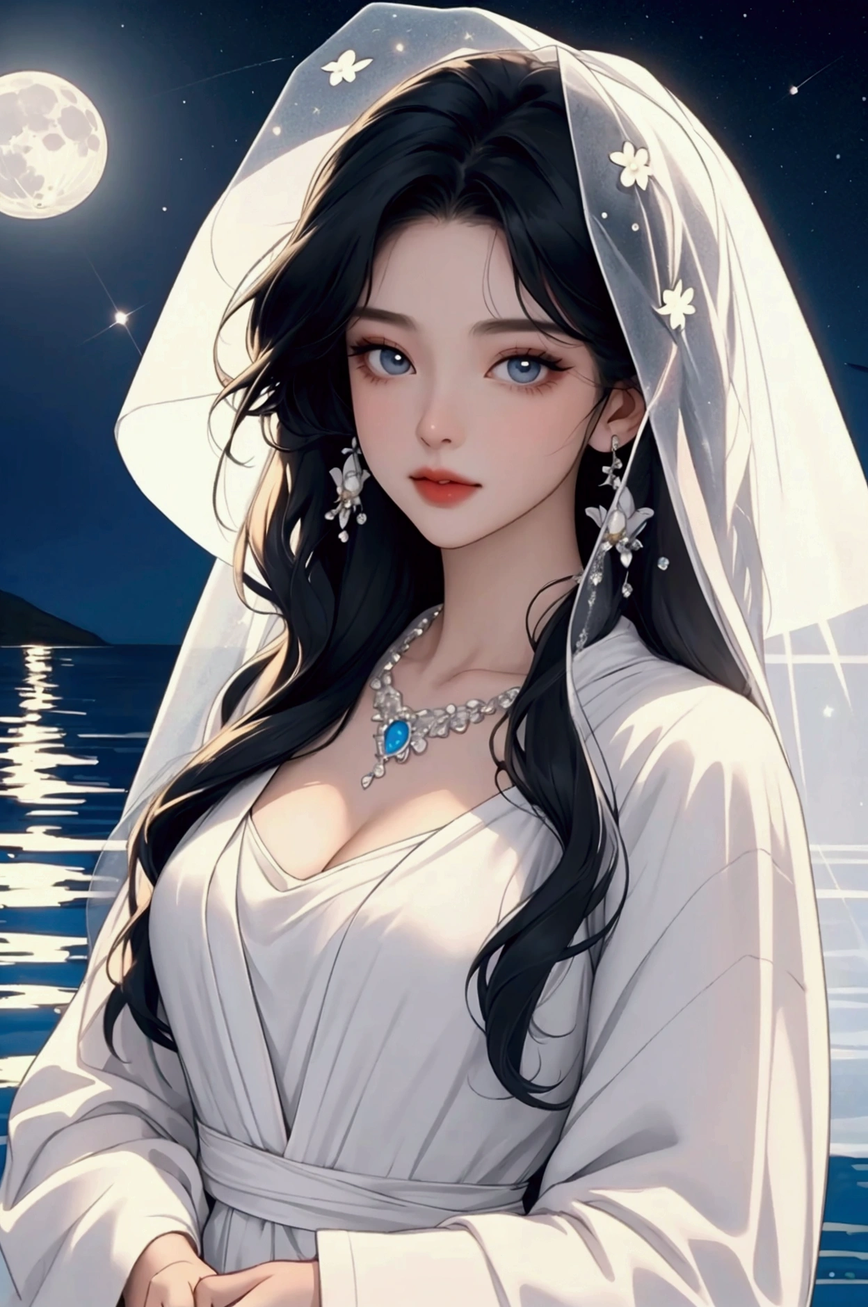 (masterpiece,Highest quality,,8k,High resolution),One female,,Beautiful Face,Beautiful Face,Beautiful eyes,Beautiful lips,Compassionate Mother Kannon,Black Hair,look back,,Wave,,Standing on the surface of the water,,flower,bird,,moon,,A bright night with stars visible,jewelry,Holding,Long sleeve,Veil,necklace,Lotus,Long Hair,dress,(whole body),Highly detailed CG,