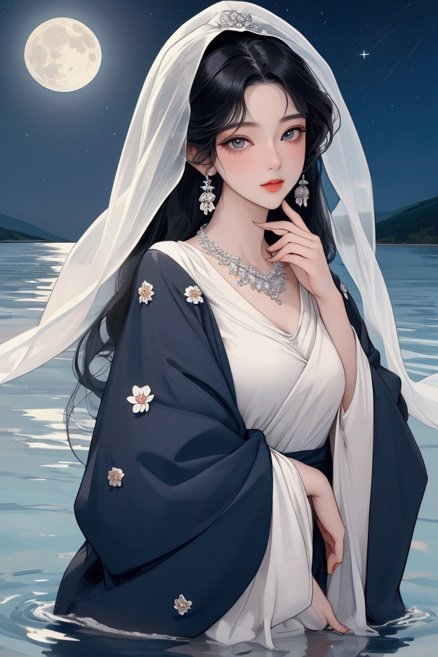 (masterpiece,Highest quality,,8k,High resolution),One female,,Beautiful Face,Beautiful Face,Beautiful eyes,Beautiful lips,Compassionate Mother Kannon,Black Hair,look back,,Wave,,Standing on the surface of the water,,flower,bird,,moon,,A bright night with stars visible,jewelry,Holding,Long sleeve,Veil,necklace,Lotus,Long Hair,dress,(whole body),Highly detailed CG,