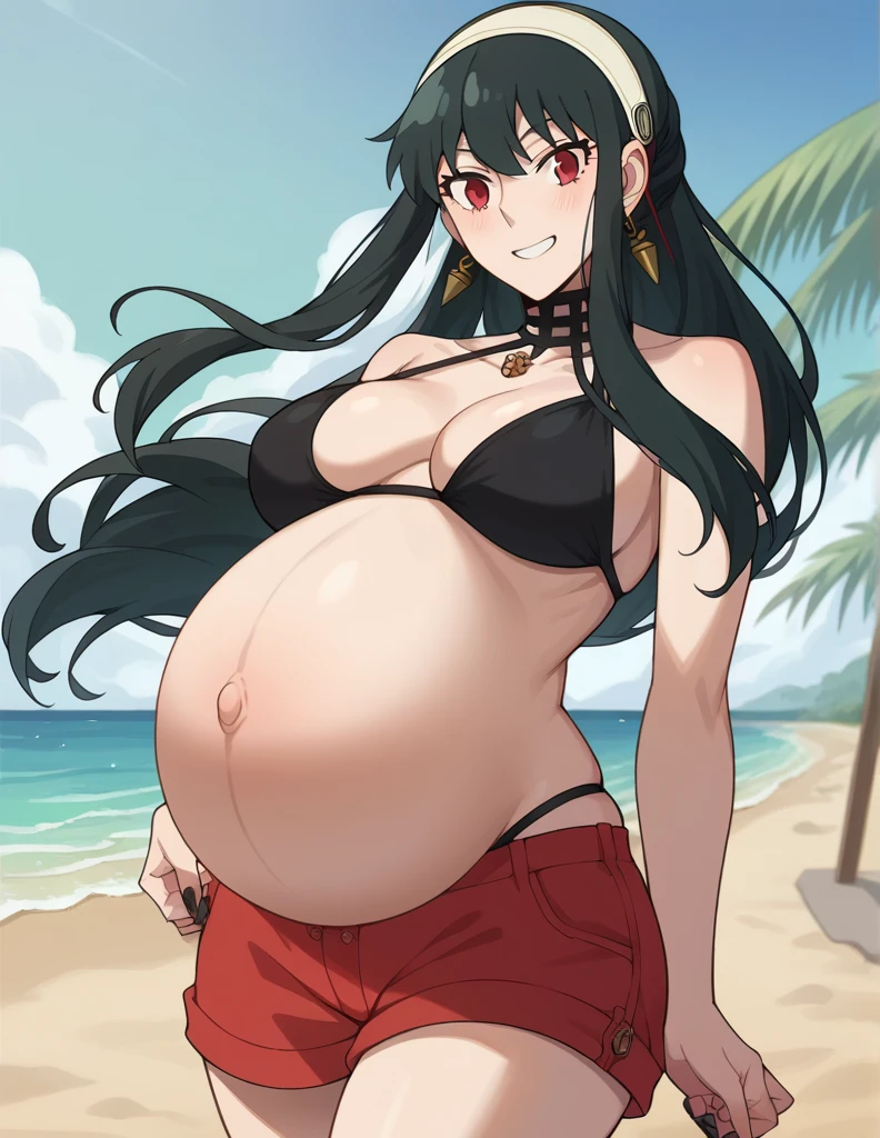 score_9, score_8_up, score_7_up, source_anime,
yorbriar, yor briar, black hair, red eyes, earrings, white hairband, hairband, long hair, sidelocks, Big breasts,
bare shoulders, bikini, shorts, thighs,
Beach, smile, Black toenails, Black nails,
looking at viewer, dutch angle, cowboy shot, pregnant, huge belly, large belly