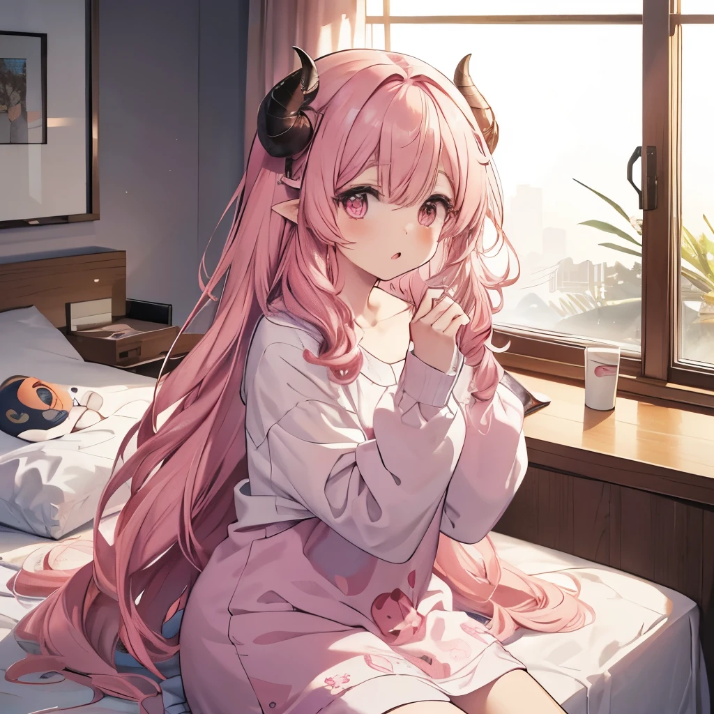 An anime-style illustration of ‘Fua-chan’ waking up in bed and looking at the clock in shock, realizing she’s late. Fua-chan has distinctive features: long pink hair styled in soft curls resembling sheep’s horns, and pink eyes. She is depicted sitting up in bed, wrapped in blankets, with wide eyes and an expression of panic as she stares at the alarm clock in her hand or on a nearby table. Her mouth is open in surprise, and her hair is slightly tousled from sleep. The background shows a cozy bedroom with morning light filtering through the window, creating a sense of urgency as Fua-chan realizes she’s overslept.