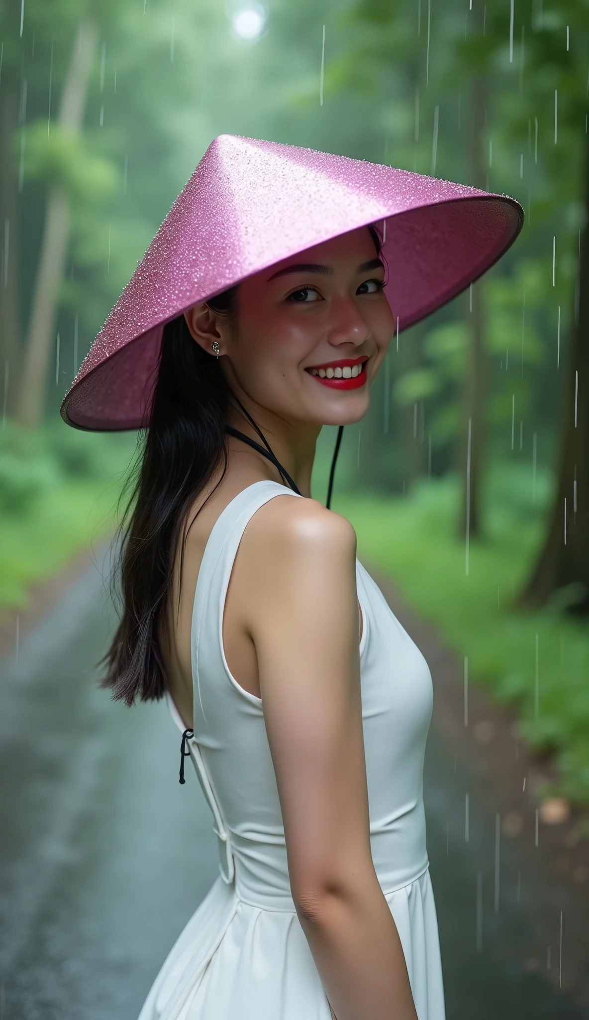 RAW photo, a 21 years old girl from Hanoi Vietnam, (beautiful gorgeous beautiful face), (makeup, red lips, honey eyes, ((Vietnamese conical metallic pink Nón Lá hat, strap to the neck)), ((plain white dress)), RAW photo from the side of her full body, turning around and smiling, hyperrealism, heavy rain, road and jungle in the background