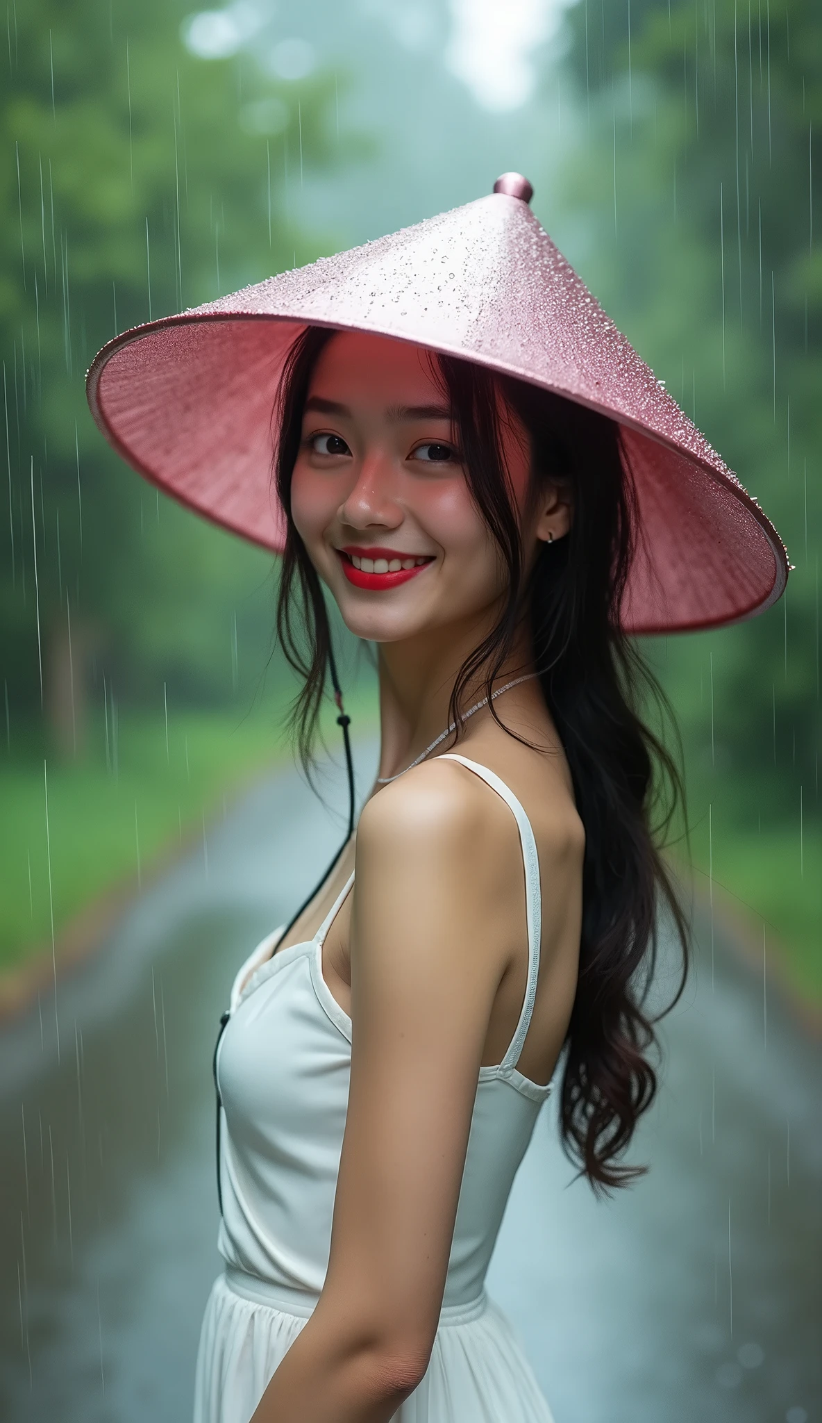 RAW photo, a 21 years old girl from Hanoi Vietnam, (beautiful gorgeous beautiful face), (makeup, red lips, honey eyes, ((Vietnamese conical metallic pink Nón Lá hat, strap to the neck)), ((plain white dress)), RAW photo from the side of her full body, turning around and smiling, hyperrealism, heavy rain, road and jungle in the background