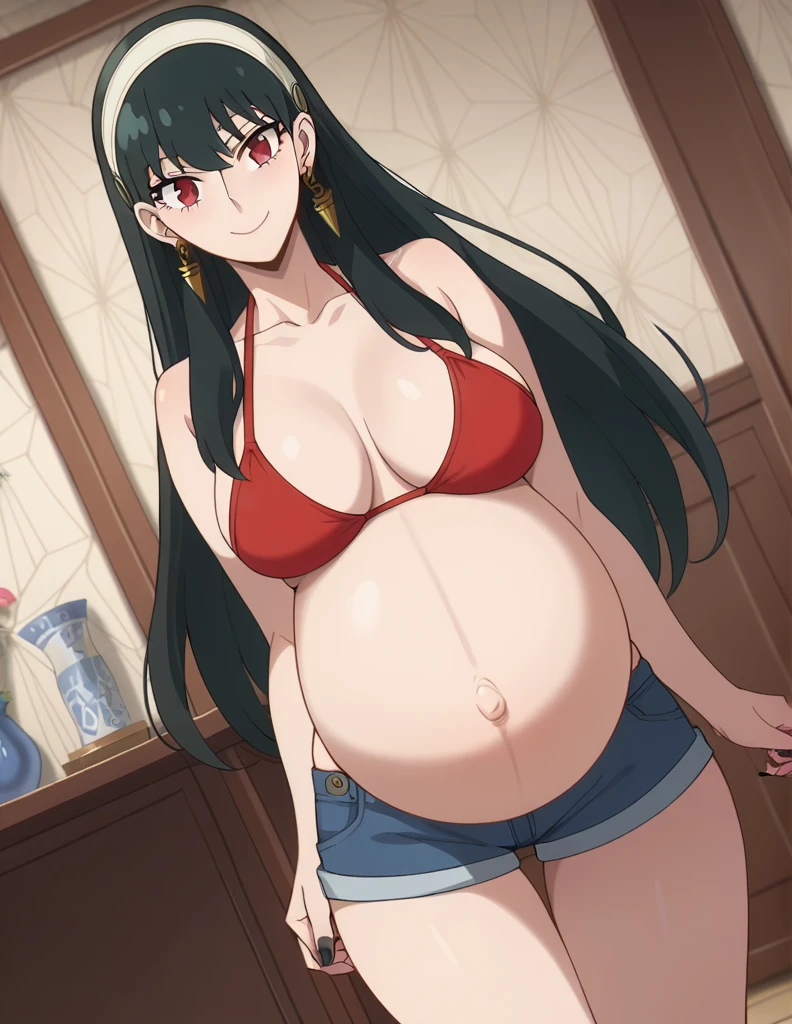 score_9, score_8_up, score_7_up, source_anime,
yorbriar, yor briar, black hair, red eyes, earrings, white hairband, hairband, long hair, sidelocks, Big breasts,
bare shoulders, bikini, shorts, thighs,
Indoors, smile, Black toenails, Black nails,
looking at viewer, dutch angle, cowboy shot, pregnant, huge belly, large belly