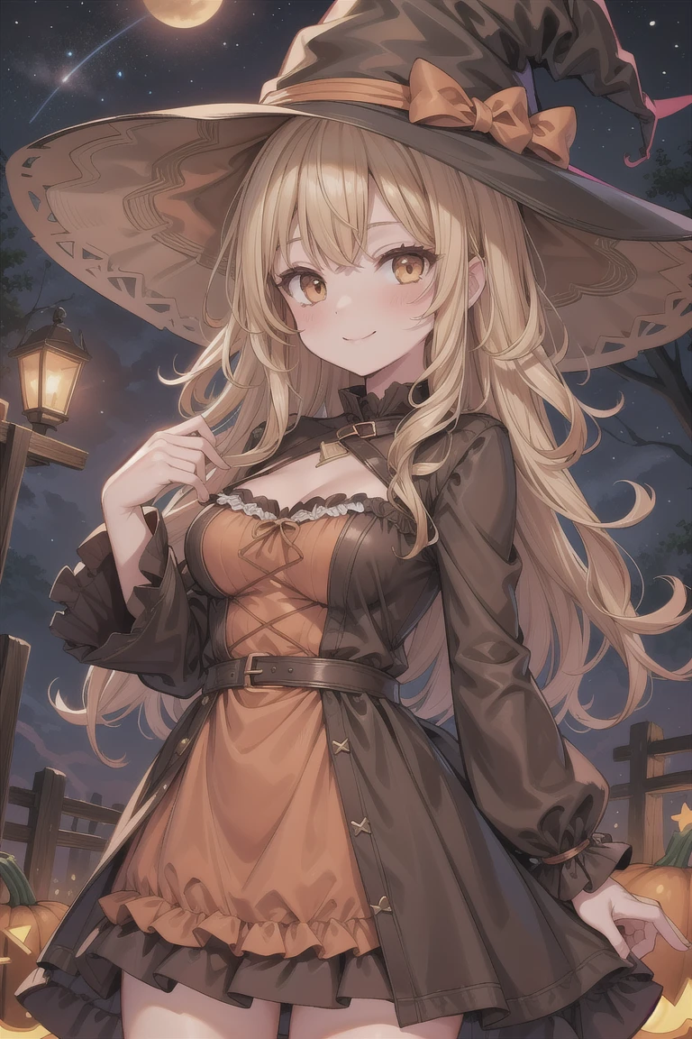 witch, girl, medium breasts, smile, sandy blonde medium curly hair, brown witch hat, brown witch dress, pumpkin, night