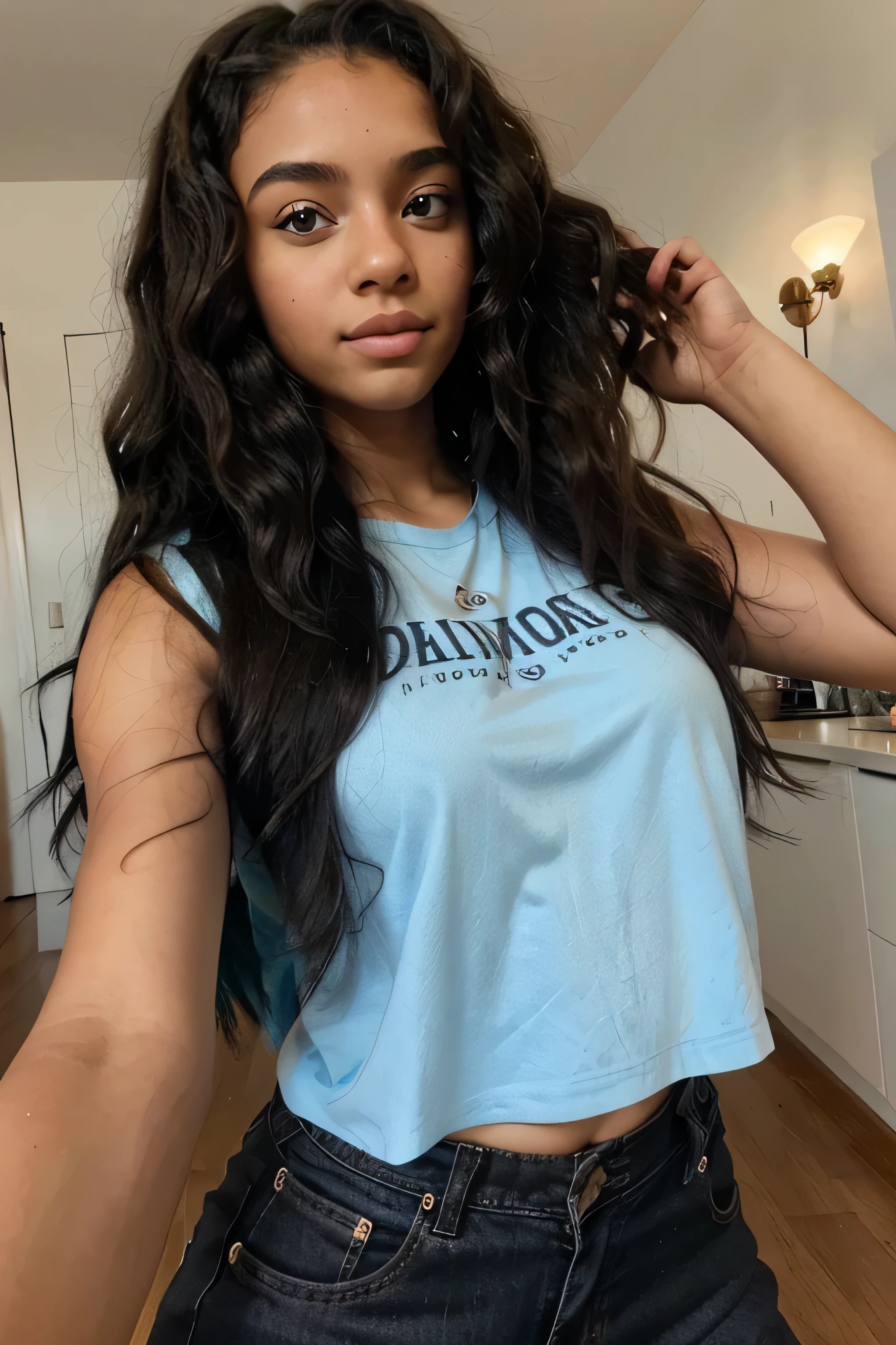 Selfie of a beautiful 16 year old black girl, blue eyes and long curly hair with a beautiful figure and nice clothes