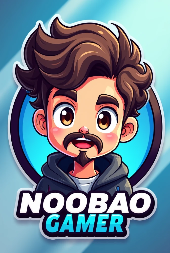 Logo for a channel named noobao gamer in blue and white colors, with a light-skinned character, with brown curly hair, Mustache and goatee, eyebrow scar and brown eyes 
