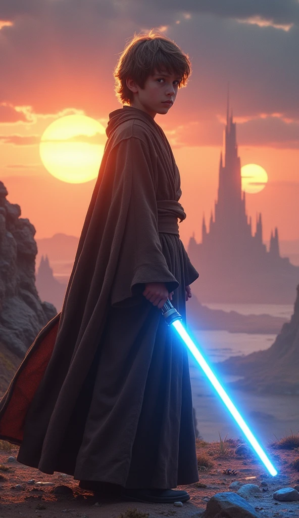 Create an ultra-realistic, breathtaking image of a young Jedi, capturing the essence of the Star Wars universe. The Jedi, a figure of serene strength and determination, stands poised with a vibrant blue lightsaber ignited, its glow casting a soft, ethereal light across his face. His robes, a mix of earthy browns and deep blacks, flow around him in the wind, hinting at the dynamic motion and agility he's prepared for.
The setting is a vast, otherworldly landscape—a blend of rocky cliffs and alien flora, with twin suns setting in the distance, casting a warm, golden light across the scene. The sky is painted with dramatic hues of orange, pink, and deep purple, streaked with distant stars beginning to twinkle as night falls. In the background, a majestic, ancient Jedi temple rises, its towering spires blending seamlessly into the rugged terrain, symbolizing the enduring legacy of the Jedi Order.
The young Jedi’s face is youthful yet wise beyond his years, with intense, focused eyes that reflect his commitment to the Force. The details are striking—the texture of his skin, the folds in his robes, the subtle sparks of light as his lightsaber hums with energy. Around him, the Force subtly manifests, with small rocks and particles gently levitating, creating an aura of power and connection to the universe.
The overall composition is vibrant and dynamic, with a perfect balance of light and shadow, capturing the epic, mystical atmosphere of the Star Wars saga. The image evokes a sense of adventure, destiny, and the timeless struggle between light and dark, making it a stunning tribute to the world of the Jedi.