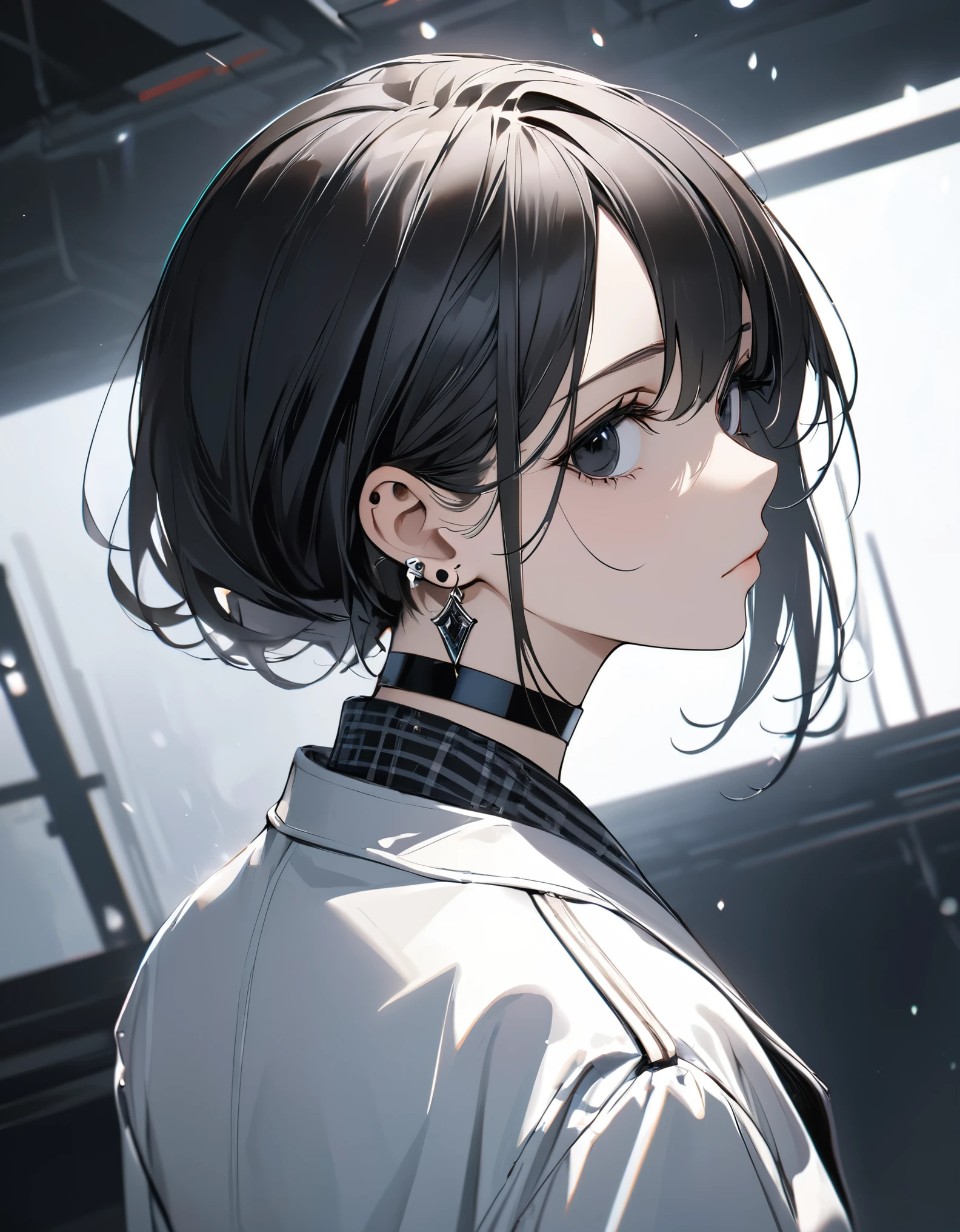 best quality, beautiful, 8K, expressionless, looking back, looking up, black eyes, slim, jacket, earrings, choker, concept