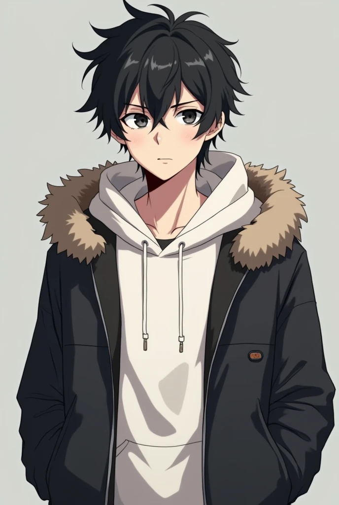 A normal anime guy with nothing special 
He has a black hair and black eyes, wearing a winter jacket with a hoodie in side 
Make it no background, just 1 color 
Make him a guy 25 years old
Make him not acting cute 
Make him little bit stronger
Make him a little bit line of vietnamese
Zoom it in like a avatar 
Dont make him look like a kid or weak. Make him little bit older than his age
Make him with a normal acting in his face
The hoodie color is white

