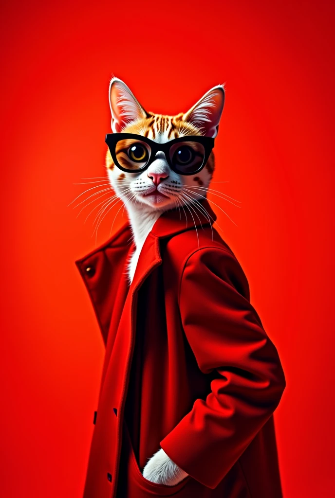 The best mobile wallpaper, Award-winning wallpaper, Portrait Photography, In front view is a portrait of a cute cat wearing 1960s mid-century space-age fashion, Side view shot, Shot with Canon EOS R5, Setting a stark contrast that accentuates the subject, Fluorescent red shade, Wearing a very fashionable lounge coat and sunglasses are a hip 1960s style, Clothing all in one color, Beautiful background